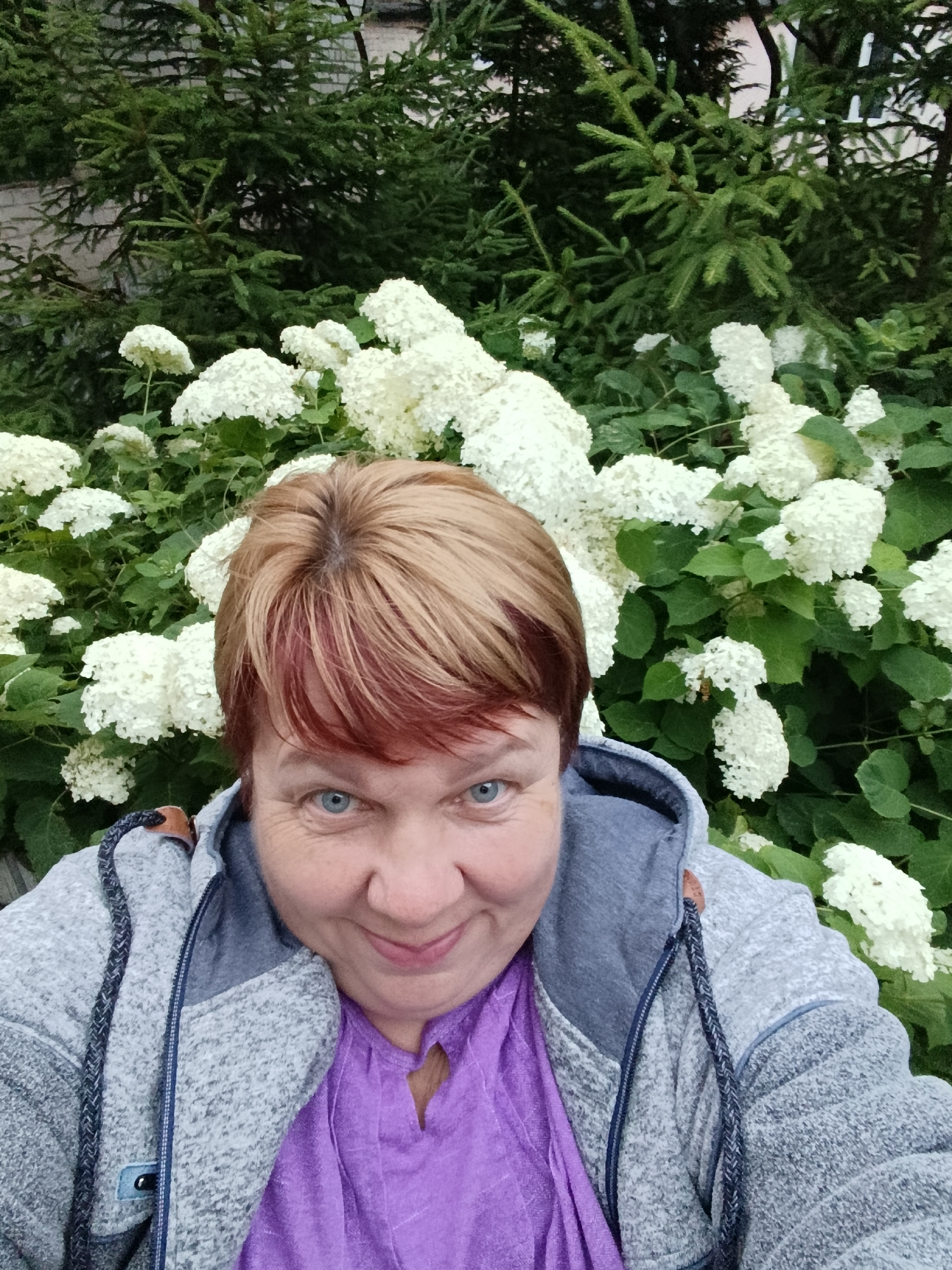 A woman with short, blonde and red-tinged hair and blue eyes smiles at the camera, her head tilted slightly to the left. She is wearing a grey hooded jacket over a purple shirt. The background is filled with white hydrangeas and green foliage, with hints of a brick wall and evergreen trees visible behind the flowers. The scene appears to be outdoors, possibly in a garden or park in the city of Svietlahorsk, Belarus, given the context.