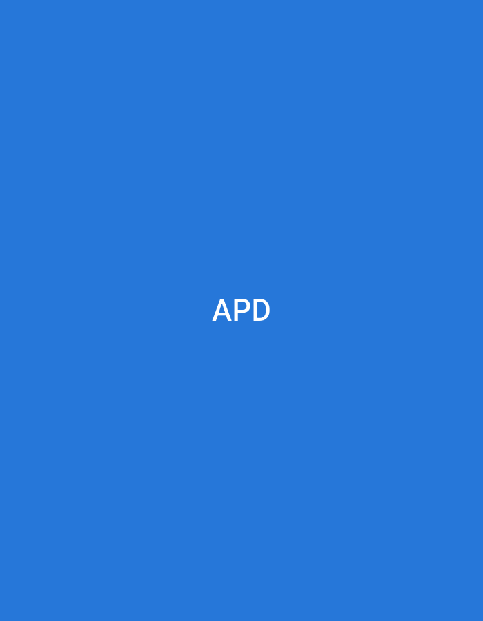 The image displays a plain, solid medium blue background. Centered horizontally and vertically on this blue field are three capital letters, "APD," rendered in white. There are no other discernible subjects, objects, or actions within the frame. The image provides no visual information to suggest a specific location, such as Casablanca, Morocco, or any other city.