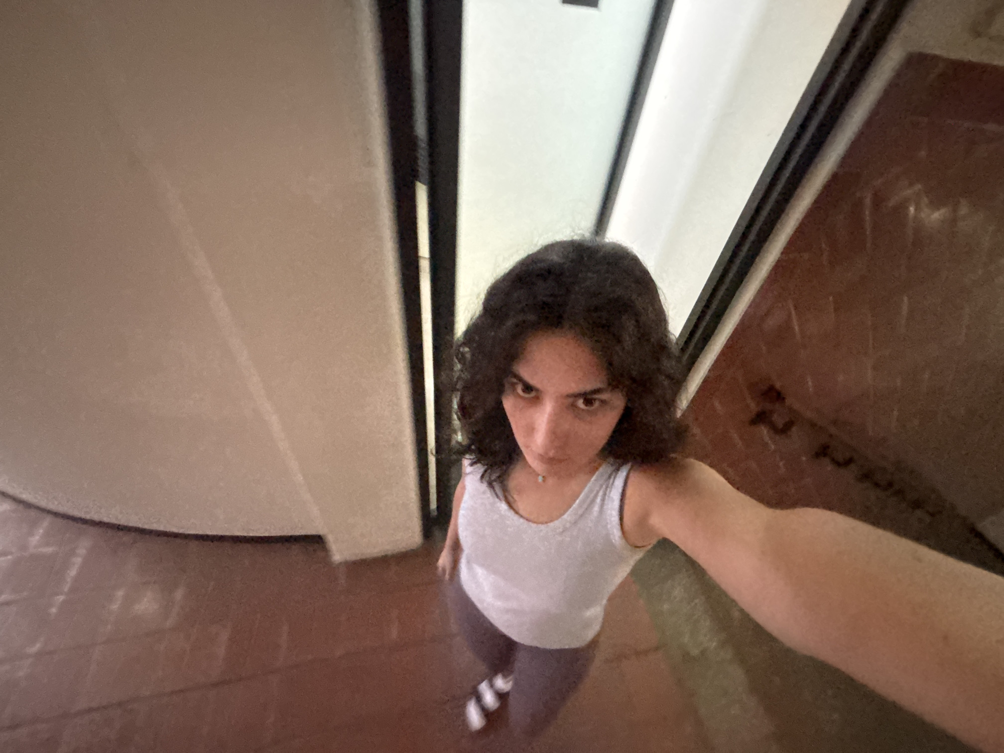 A low-angle selfie captures a young woman standing indoors in San Andrés Cholula, Mexico. The woman, with dark, curly hair and a neutral, direct gaze, occupies the central foreground. She is dressed in a light-colored tank top, dark leggings, and white socks. A subtle, light-colored necklace is visible around her neck.
The setting appears to be an interior space, possibly a hallway or a landing. To the left, a light beige wall curves gently upwards. The floor is a warm reddish-brown, resembling wood planks or tiles. In the background, a tall, narrow section of white, framed by dark borders, suggests a mirror, window, or glass partition. To the right of this reflective surface, a reddish-brown wall, possibly brick or patterned wood paneling, is visible. Faint, dark markings on this wall include what appears to be the number "22" and other indistinct characters. The ambient lighting indicates it is daytime.
