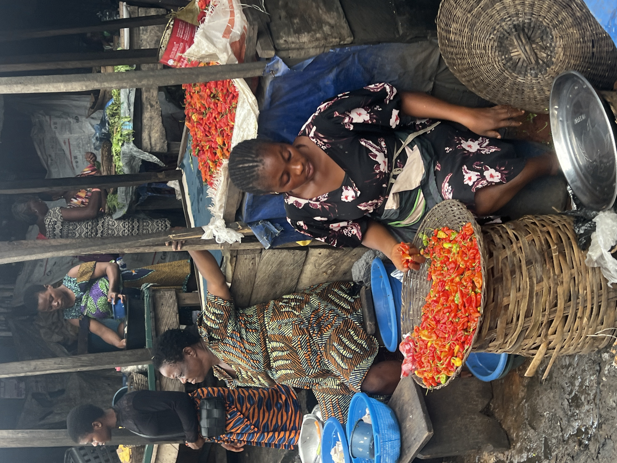 The image depicts a bustling marketplace in Nkpor, Nigeria, likely a section dedicated to fresh produce. In the foreground, a woman is seated, wearing a black dress with a floral pattern, and appears to be sorting or selling a large basket overflowing with bright red and orange chili peppers. Beside her, to the left, another woman in a vibrantly patterned dress is seated, looking to her left. Behind them, other women are visible engaged in various activities. One woman, in the middle ground, wears a colorful patterned dress and is handling a blue bowl. Further back, obscured by shadow and distance, more individuals and market stalls can be discerned. The environment appears rustic, with wooden structures forming the market stalls, and the ground is wet and uneven, indicating the conditions of an outdoor market. Blue plastic bowls and woven baskets are prominent among the merchandise. The overall atmosphere is one of active commerce and daily life within the Nigerian city.