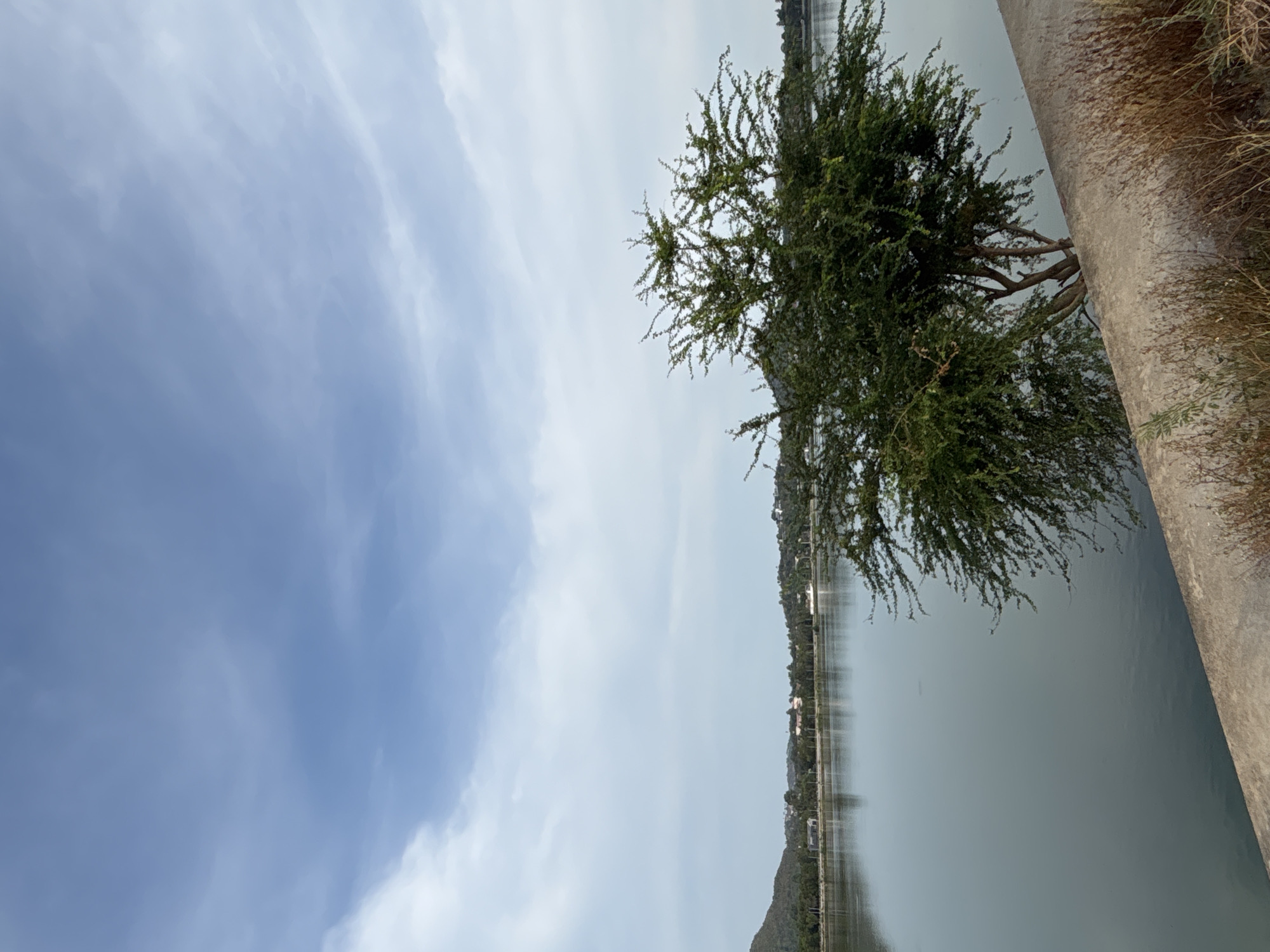 The scene captures a view from a concrete structure, likely a sidewalk or wall, overlooking a body of water in Baan Chaweng, Thailand. A tree with sparse foliage and visible branches hangs over the water. The water reflects the sky, creating a slightly blurry reflection of buildings and mountains on the opposite shore. The sky is partially cloudy, with blue patches visible. The overall lighting suggests it is daytime.