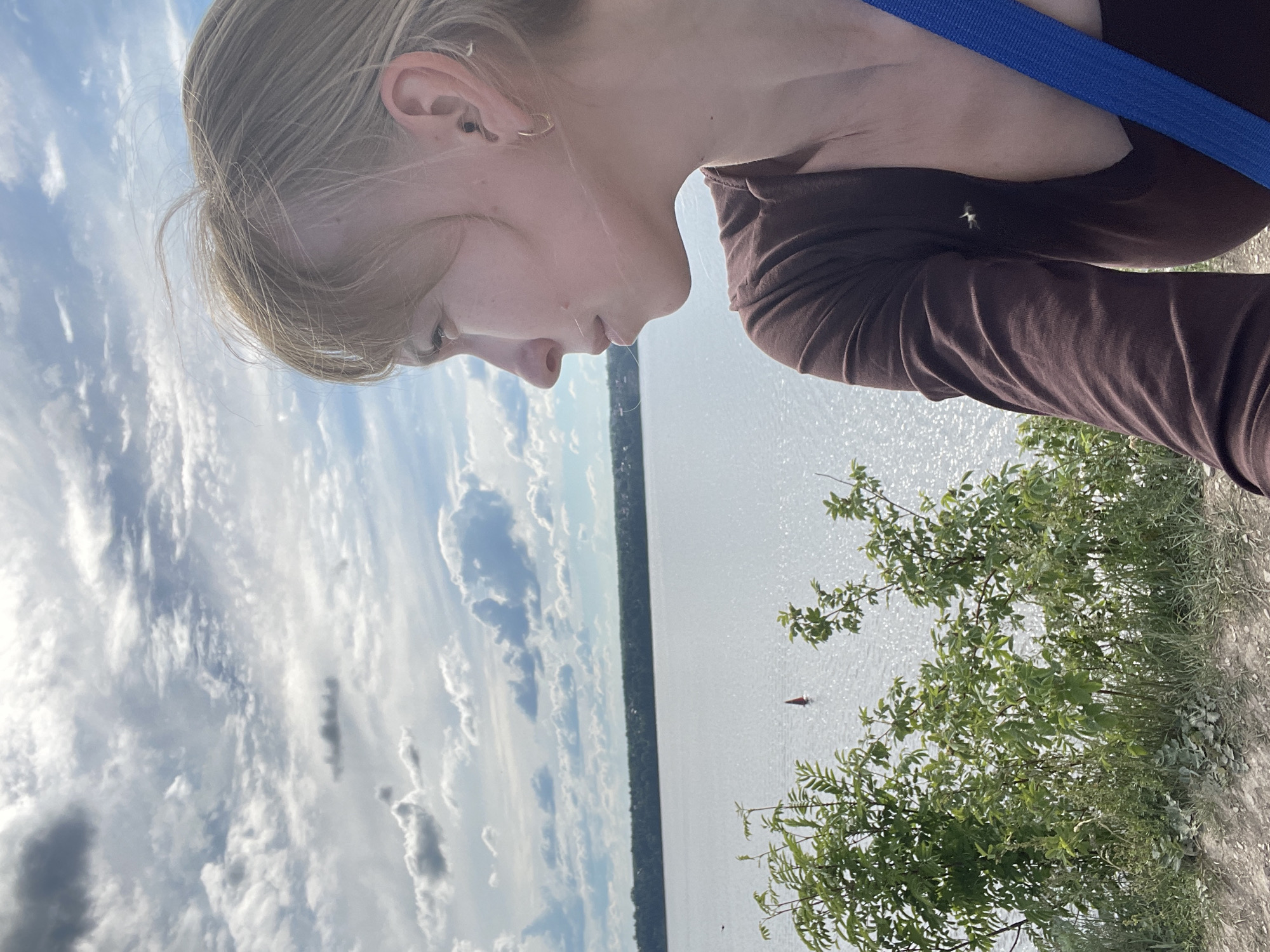 The image captures a profile view of a person looking out over a vast body of water from an elevated position. The subject, a person with light-colored hair, is seen from the chest up on the right side of the frame, facing left. They are wearing a long-sleeved brown top, with a bright blue strap visible on their right shoulder. Their gaze is directed downwards and outwards towards the scene.
The mid-ground features a wide expanse of water, likely a river or large lake, shimmering brightly under what appears to be sunlight. A small, red, indistinct object, possibly a buoy or a distant boat, is visible on the water's surface. In the far distance, a thin strip of land or shoreline is visible across the water. The background, particularly on the left and upper parts of the frame, is dominated by a sky filled with a mix of white and grey clouds, indicating a partly cloudy but bright daytime. In the lower right foreground, green foliage, consisting of bushes and smaller plants, frames the edge of what appears to be a bank or cliff.
The scene suggests an outdoor setting at "Пятый километр, Russia," likely a scenic overlook, where the person is engaged in observing the landscape. The weather is sunny with clouds, and the time of day is daytime. No discernible text is visible in the image.
