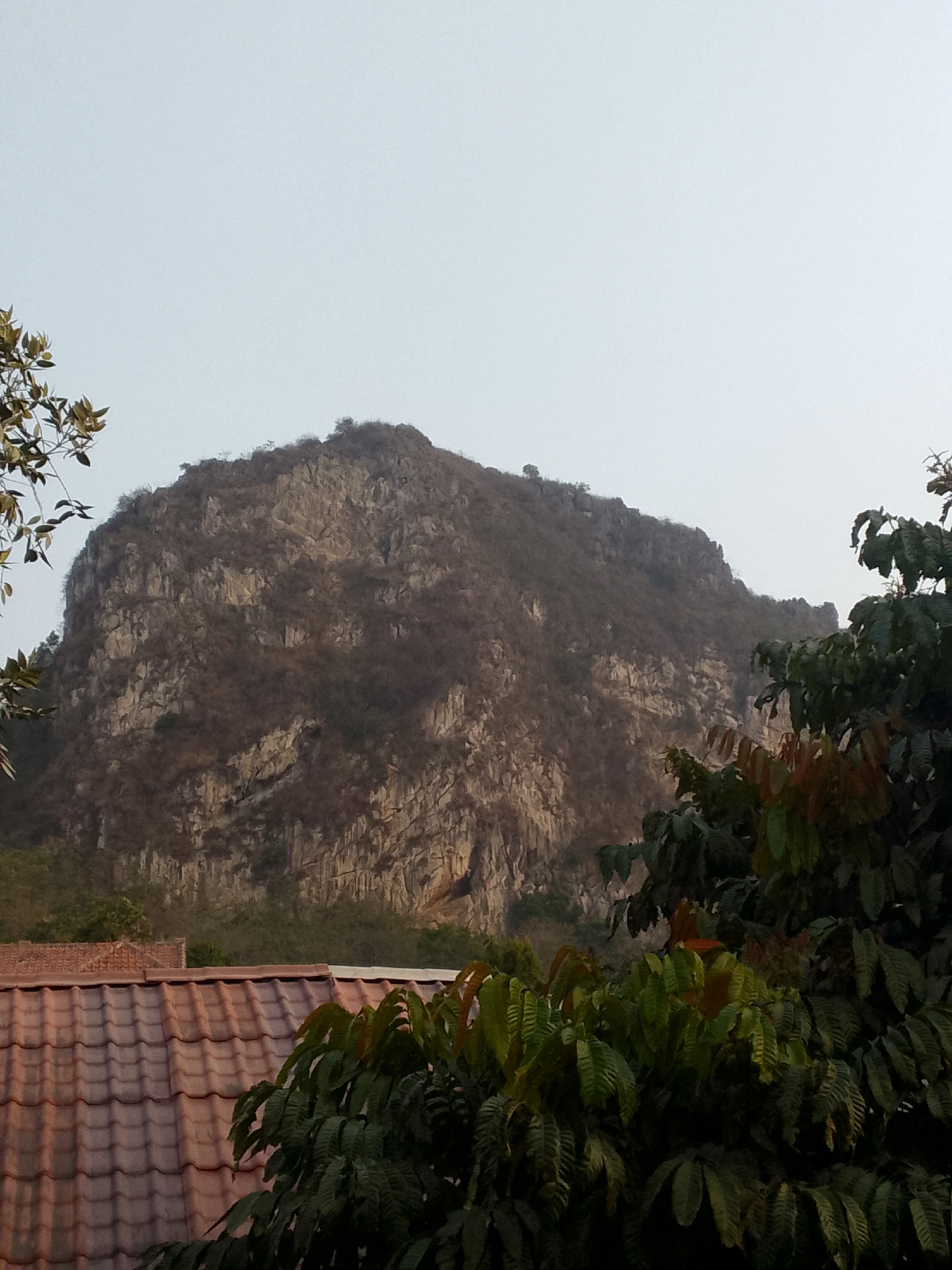 The image shows a large, rocky mountain in the background. The mountain is covered with dry vegetation and has a rugged, textured surface. In the foreground, there are parts of a tiled roof and lush green trees with some reddish leaves. The sky is overcast and light. The scene appears to be an outdoor environment, possibly in a rural or semi-urban area given the presence of the roof. The image captures a natural landscape with some man-made structures and vegetation. The specific location in Gunungmasigit, Indonesia is not visually evident from the image itself, but the description provided suggests it is a natural landscape setting.