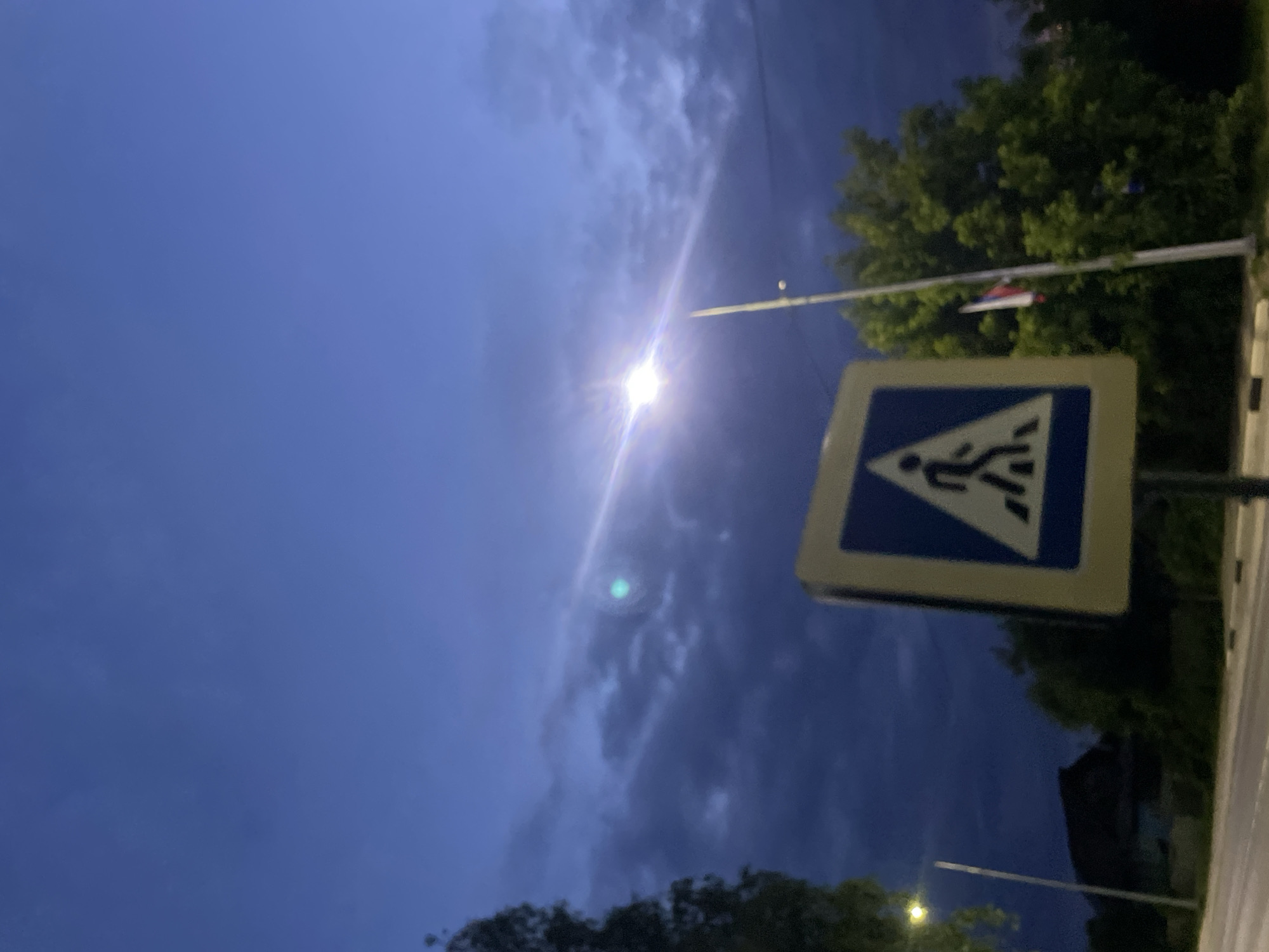 The image depicts an outdoor twilight or nighttime scene in Красные Баки, Russia. A prominent yellow-bordered blue triangular pedestrian crossing sign, featuring a white walking figure, stands in the lower center-right foreground. To the right of the sign, a tall metallic streetlight pole extends upwards, topped with a brightly illuminated light source creating a strong lens flare. Attached to this pole, behind the sign and partially obscured by dense green foliage, is a small Russian flag displaying horizontal white, blue, and red stripes.
On the far left, a portion of a tree is visible, with another, dimmer streetlight further left. In the background, a dark-roofed building is discernible behind the leftmost streetlight and foliage. The road surface is visible in the lower foreground, with a white and black striped curb lining its right edge near the pedestrian sign. The sky is a deep blue, transitioning to darker tones, with scattered clouds. A horizontal cable or wire traverses the sky above the main streetlight pole. No individuals are present in the scene.