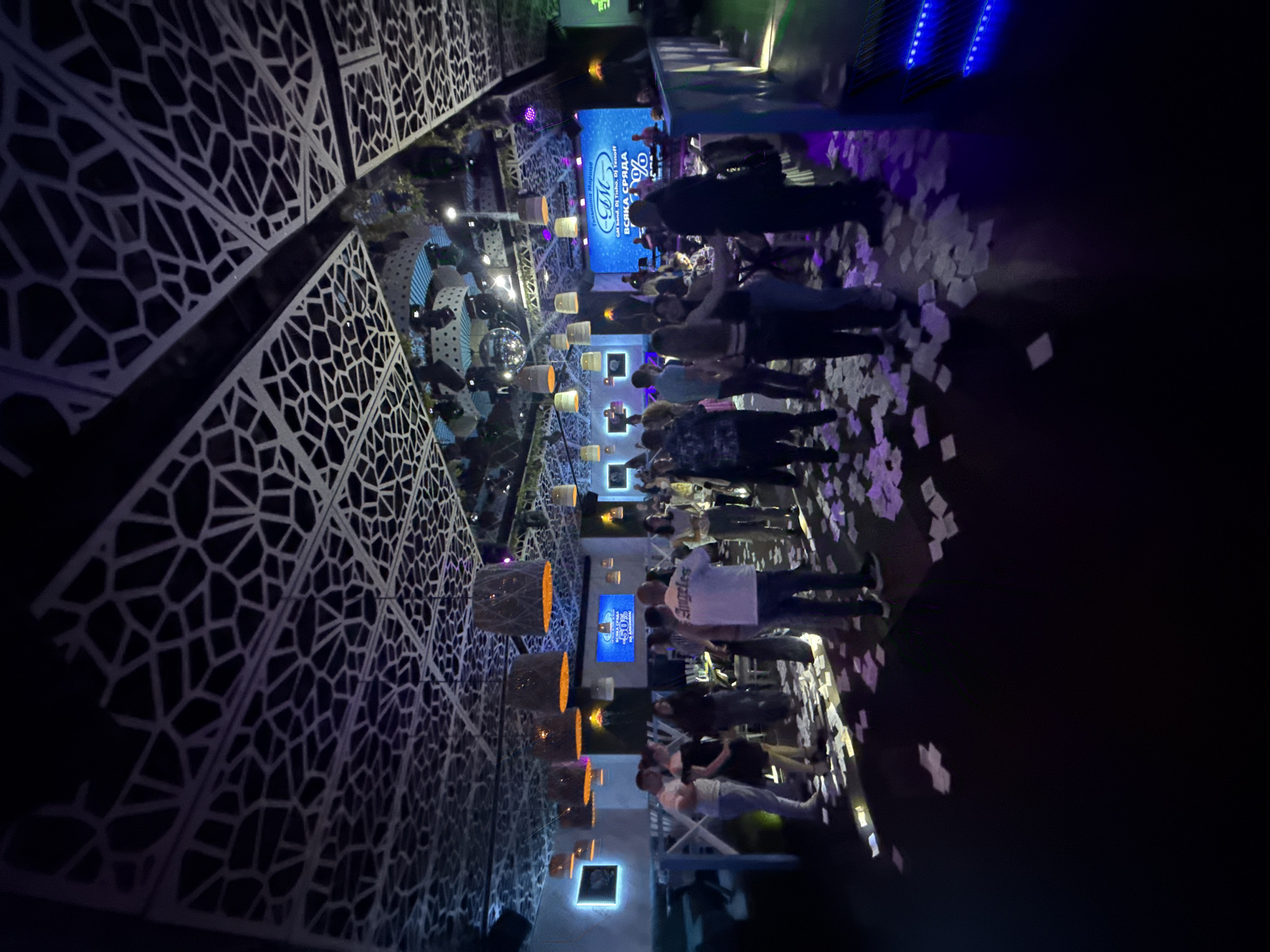 This media file captures an indoor night scene at a lively club or lounge in Plovdiv, Bulgaria, with a general view of the venue's interior and a crowd of people. The setting features a modern design with large, intricately patterned, white geometric panels forming part of the walls or ceiling, creating a distinct visual effect under the dim, colorful lighting.
Numerous individuals are visible, standing and mingling throughout the space, suggesting a social gathering, party, or club night. Many are dressed in casual attire. White, rectangular confetti or paper pieces are scattered across the dark floor, indicating a recent celebration or activity.
At the far end of the venue, a stage or DJ area is illuminated by bright blue screens. Visible text on one screen, according to the OCR, includes "GM band, Dj Tisho, Dj Tenoff," suggesting performers for the event, and "ВСЯКА СРЯДА" (meaning "EVERY WEDNESDAY"), indicating a recurring event. Other textual elements like "СМ," "ата Марица," and "-50%" (possibly a discount) are also present on the screens. One person in the crowd wears a white t-shirt with "Angeles" printed on it.
The lighting is predominantly artificial, with blue and purple hues from spotlights and screens, complemented by warmer orange tones from hanging cylindrical lamps. A large disco ball can be seen hanging from the ceiling, reflecting light and adding to the festive atmosphere. The overall mood appears energetic and social, consistent with an entertainment venue in the evening.