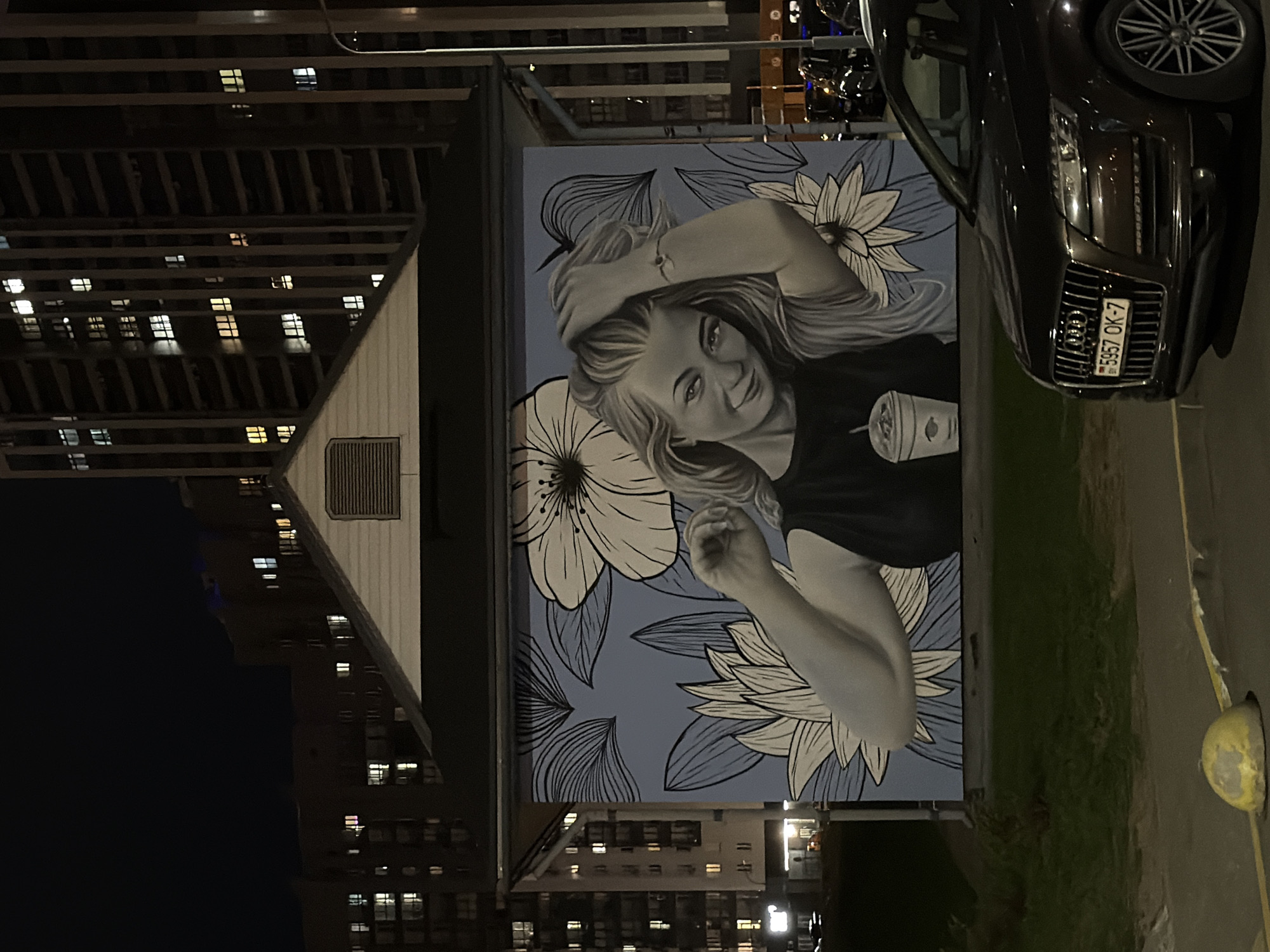 The image captures an urban night scene, with the primary focus on a large mural painted on the side of a building. The mural features a striking portrait of a young woman, depicted from the waist up, with light-colored, flowing hair and a warm, soft smile. She wears a dark t-shirt, on which a white disposable coffee cup with a lid and straw is subtly illustrated. Her arm is raised, with her hand resting gently near her head. The background of the mural is a light blue, decorated with stylized white and blue flowers and dark outline leaves, creating a calm and aesthetic frame for the portrait.
To the right of the mural, a dark-colored SUV, specifically an Audi, is parked. Its front grille and partial headlight are visible, along with its license plate "5957 OK-7", which includes the "BY" country code and a national emblem, indicating the location as Minsk, Belarus.
In the background, behind the mural and the adjacent building structure, are several multi-story residential buildings. Their numerous illuminated windows stand out against the dark night sky, confirming the time of day. A segment of a building with a pitched roof and a rectangular vent is visible to the left of the mural. The ground, appearing to be pavement or a road, is visible in the lower portion of the image, with a yellow, dome-shaped object, possibly a bollard or light fixture, near the bottom right corner. The scene presents a blend of street art within an urban environment at night.