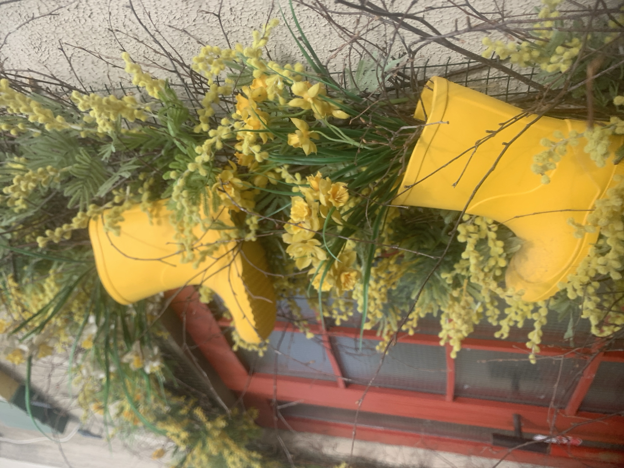 The image shows a close-up of a decorative arrangement featuring two bright yellow rain boots. The boots are positioned as if they are overflowing with various types of yellow flowers and greenery, including what appear to be daffodils and mimosa. Thin, dark twigs and branches weave around the arrangement, adding a rustic touch. The background includes a textured, light-colored wall above and a section of a red-framed window below. The scene appears to be an outdoor display. There is no indication or evidence suggesting the location of this image is Izhevsk, Russia.