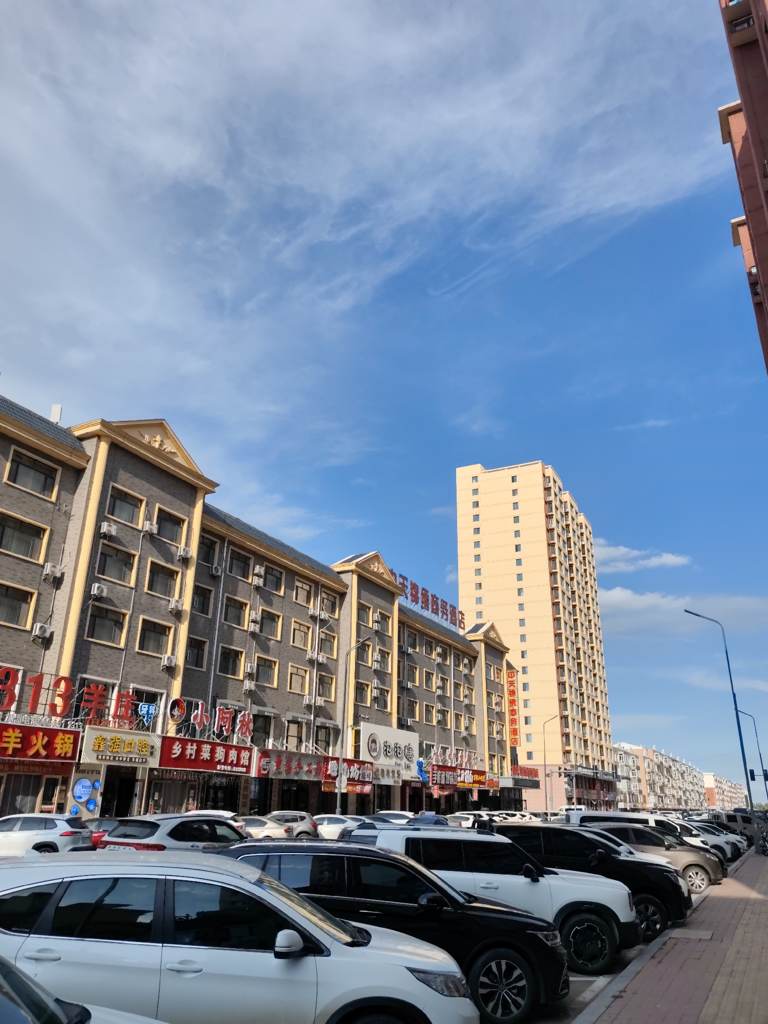 The image captures a street scene in Lindian, China, on a clear day with a bright blue sky and scattered white clouds. The foreground is dominated by a row of parked cars, including several white SUVs and sedans, and a few darker colored vehicles. The cars are parked on a paved lot adjacent to a sidewalk.

Behind the parked cars are a series of buildings lining the street. The buildings appear to be several stories high and are characterized by their gray facades, yellow trim, and numerous windows, many of which have air conditioning units installed. Several of these buildings have signage with Chinese characters, indicating businesses or residences. One building prominently displays "313" in large red characters, along with other Chinese text.

Further down the street, a tall, light-colored residential building with many windows stands out against the sky. To the right of this tall building, a street lamp is visible. In the distance, more buildings of varying heights can be seen, suggesting a developed urban or suburban area. The overall impression is a typical street scene in a Chinese city, with commercial and residential buildings and a line of parked vehicles. No people are clearly visible in the image.