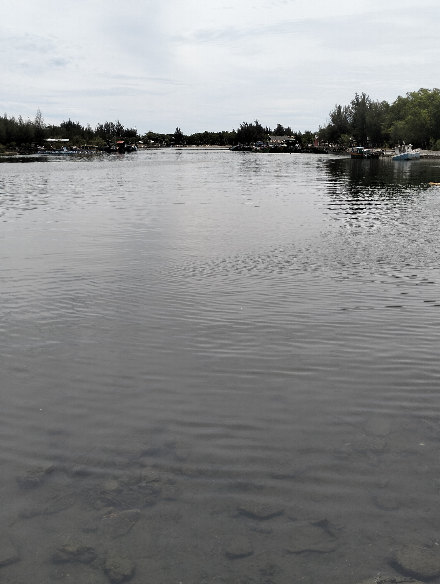 The image shows a body of water with ripples on the surface and visible rocks at the bottom, potentially a river or inlet in Banda Aceh, Indonesia. The water is a dark, opaque color. On both sides of the water are shorelines covered with trees. There are boats of various sizes docked along the shorelines. The sky is overcast.