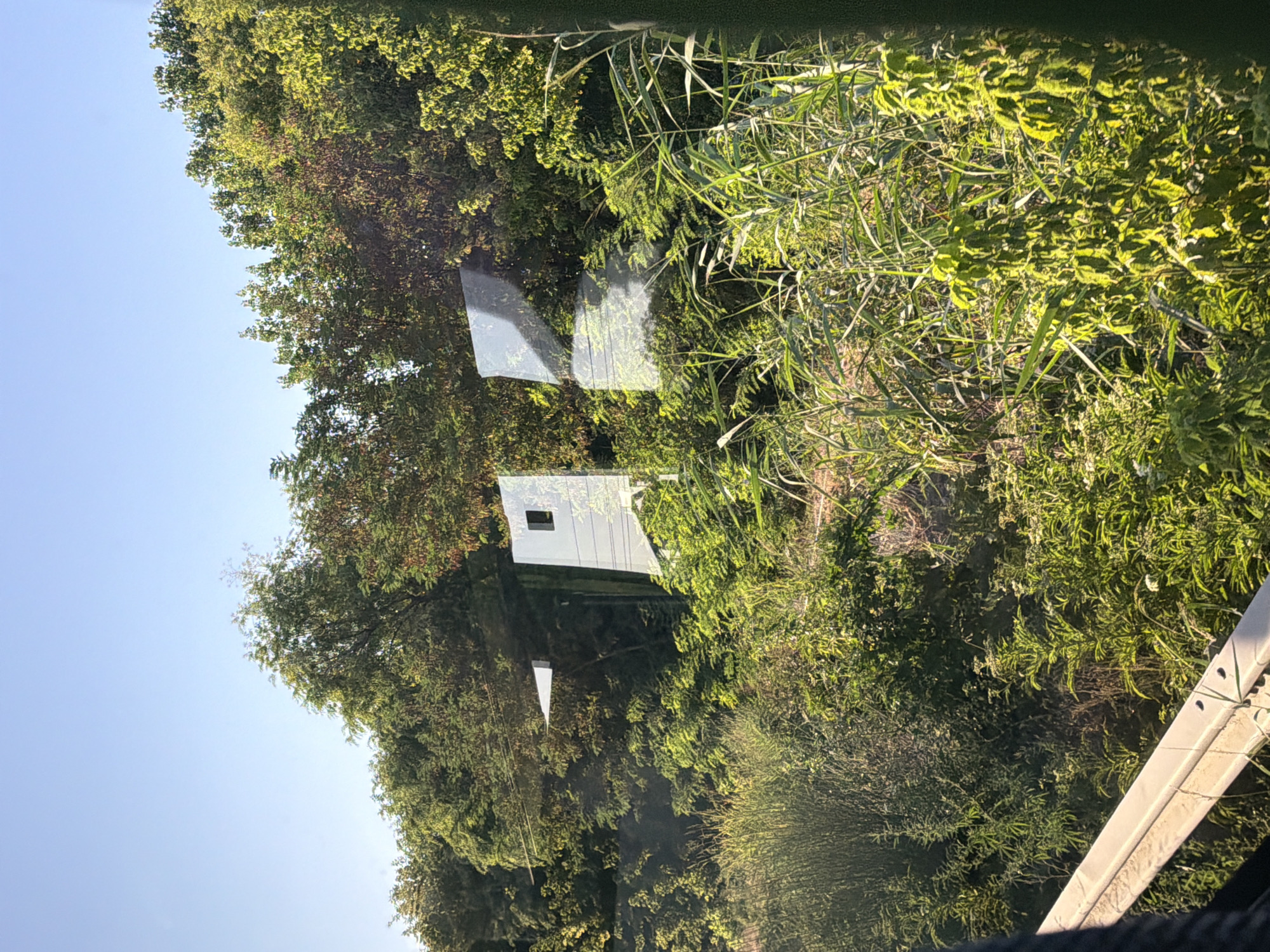 This image depicts a rural roadside scene with lush green vegetation and trees under a clear blue sky. In the mid-ground, two abstract, white sculptural elements are visible, integrated into the natural landscape. One element has a dark square opening. The foreground shows a metallic guardrail, indicating the presence of a road or highway. The overall impression is of a serene, sunny day in a natural setting, with man-made artistic interventions. The location is identified as Tsaratsovo, Bulgaria.