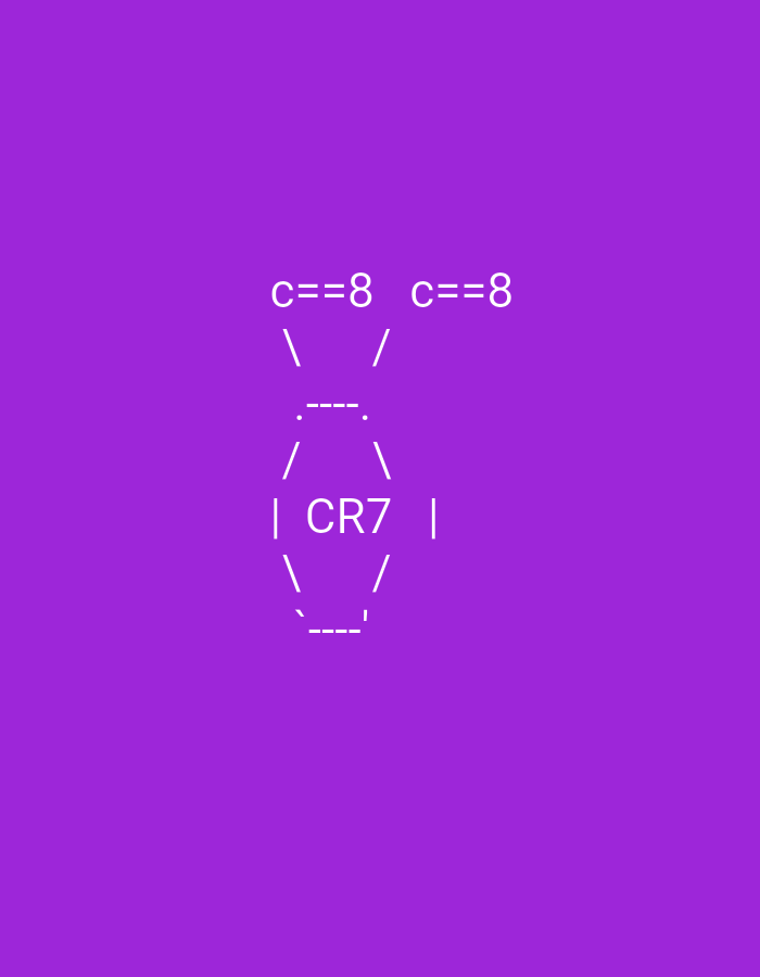 The image shows text art on a purple background. The text "c==8" appears twice at the top of the image. Below this, there is a shape formed by lines and dashes, resembling a vase or a stylized body. In the center of this shape, the text "CR7" is prominently displayed. The overall impression is of a digital graphic or a creative text-based design. There are no visible people, objects, or environmental details related to the city of Belagavi, India.