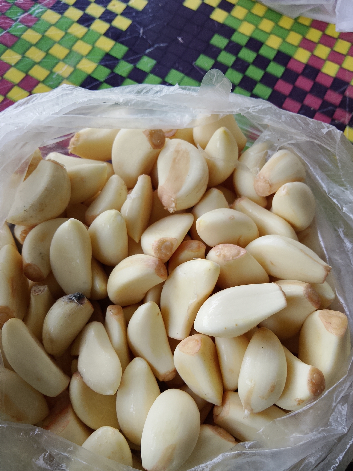 This media file shows a close-up, overhead view of a clear plastic bag filled with peeled garlic cloves. The garlic cloves are a creamy white color with some showing brown tinges at their ends, indicating where they were attached to the bulb. The cloves vary in size and shape, with some being more plump and others more elongated.
The bag of garlic is placed on a surface with a colorful, checkered pattern. The pattern consists of squares in shades of green, yellow, and purplish-pink, set against a dark background. This surface appears to be a mat or a placemat, possibly made of woven material.
The image does not depict any people or indicate a specific time of day or weather conditions. The background suggests an indoor setting or an outdoor setting with a covered surface, possibly a table. The location context of Kruenglingka Barat, Indonesia, does not provide visual cues within the image itself. There is no visible text in the media file.