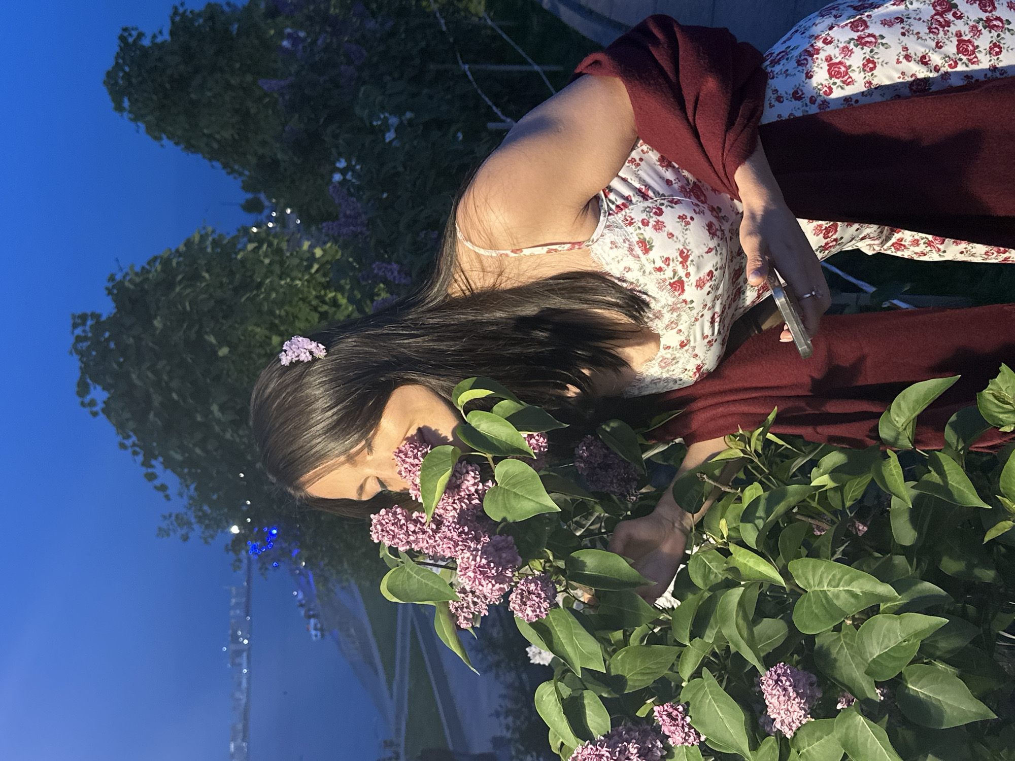A woman with long, dark hair and a purple flower tucked behind her ear is smelling a branch of blooming lilac in the evening. She is wearing a white floral dress with red roses and a dark red shawl draped over her shoulders. She is holding a silver smartphone in her right hand. The background shows a body of water with city lights, likely the Neva River, and trees. The overall setting appears to be a park or elevated area overlooking the city of Saint Petersburg, Russia. The sky is a deep blue, indicating dusk or night.