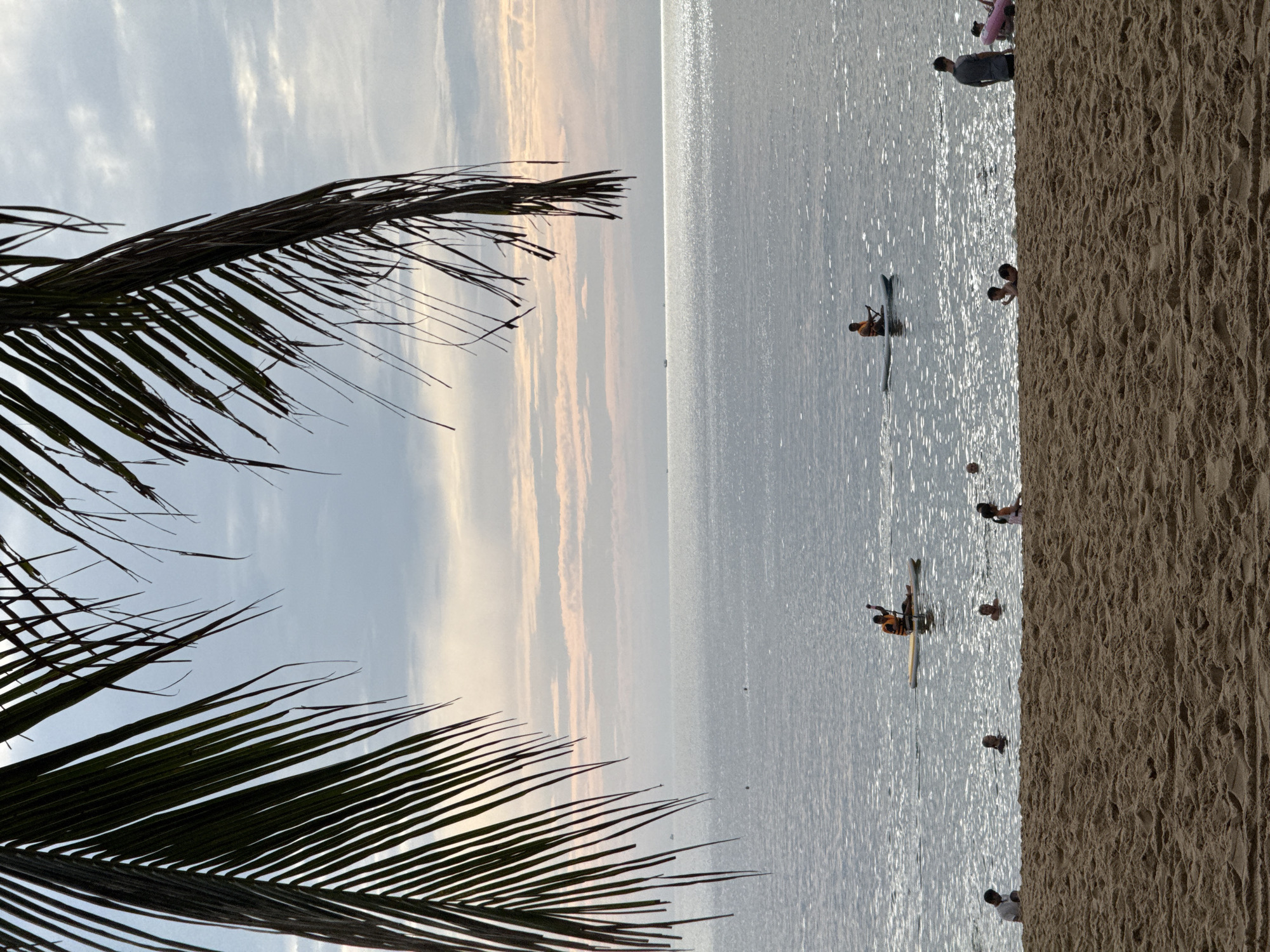 The image depicts a sandy beach in Nha Trang, Vietnam, with the ocean and sky in the background. In the foreground, the coarse, brown sand is textured and shows some footprints. Beyond the sand, the ocean is calm and reflects the bright sky. Several people are visible in the water, some wading and others swimming. Two individuals are on paddleboards in the water, one of whom is wearing an orange life vest and paddling. In the distance, the horizon separates the shimmering sea from a pale sky filled with soft, pastel-colored clouds, suggesting either sunrise or sunset. Palm fronds from a tree hang down from the top of the frame, partially obscuring the sky and framing the scene.