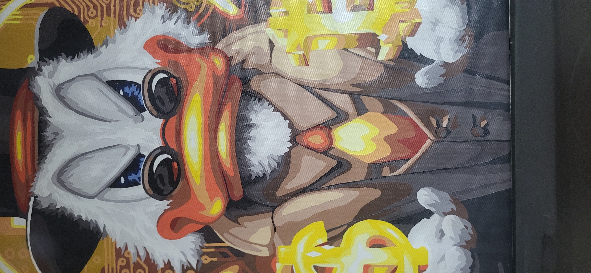 The image is a close-up, colorful painting of a cartoonish figure with features resembling a duck or similar waterfowl. The figure wears round sunglasses and a suit. The background is decorated with circuit board patterns and symbols resembling currency, such as dollar signs. There is no discernible location in Moscow, Russia from the painting.