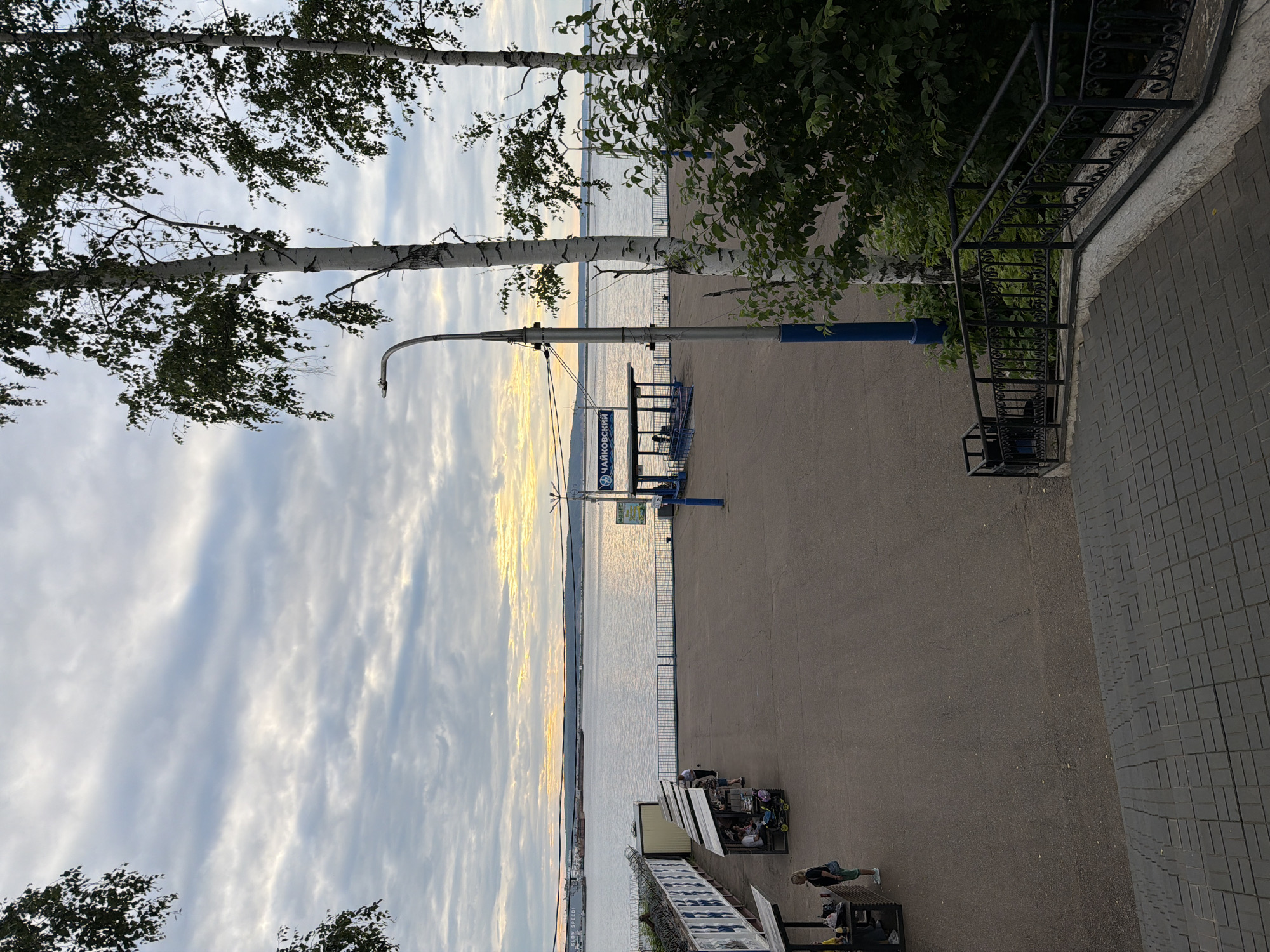 The image depicts a waterfront scene in Chaikovsky, Russia, likely during late afternoon or early evening given the golden light on the water and clouds. The sky is filled with streaky, grey and white clouds, suggesting partly cloudy weather.
In the foreground, the scene is dominated by birch trees with lush green foliage, their white bark contrasting with the darker leaves and the asphalt pathway. A tall streetlamp with a blue pole extends upwards. A dark metal railing with ornate scrollwork runs along the edge of a paved walkway.
Further back, a wide river or large body of water stretches towards the horizon, reflecting the soft, golden light. A distant shoreline with hills is visible. Along the waterfront, there are a few structures, including what appear to be covered benches or seating areas, some with people sitting. A stroller is also visible.
A blue and white sign with Cyrillic text is mounted on a blue pole near the water's edge. The text is partially visible and reads "ЧАЙКОВСКИЙ" (Chaikovsky), confirming the location.
The overall atmosphere seems peaceful and relaxed, with the natural beauty of the landscape highlighted by the warm evening light. The presence of people suggests a public recreational area, likely a promenade or park by the water.