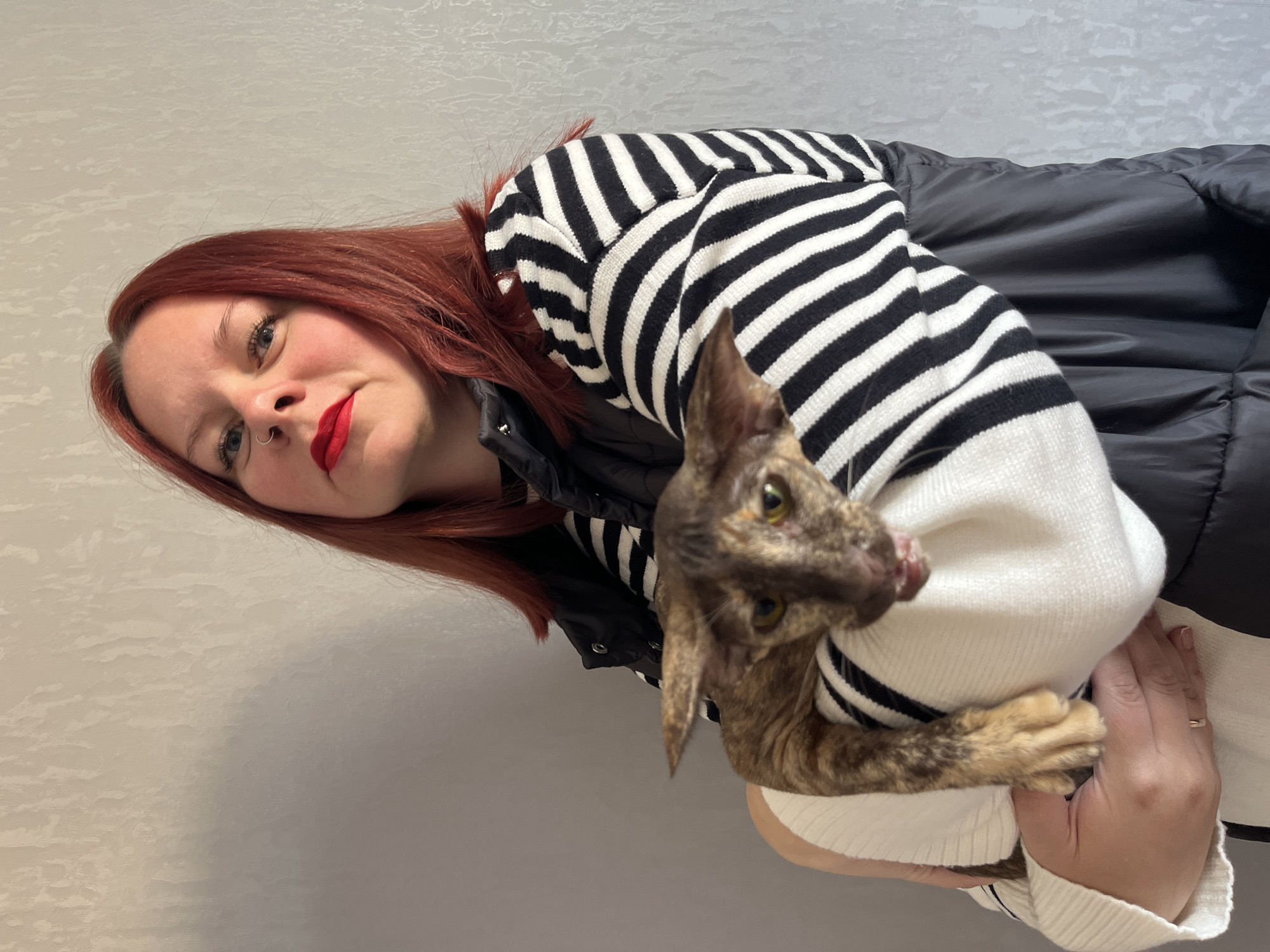 A woman with vibrant red hair and red lipstick is depicted holding a cat indoors. She looks directly at the viewer with a gentle smile, revealing a subtle nose ring and light makeup on her face. She wears a black puffer vest over a white long-sleeved top with bold black horizontal stripes. A simple gold-toned ring is visible on her left ring finger.
The cat, likely an Oriental Shorthair breed, is nestled comfortably in her arms. It has distinctive large, pointed ears and piercing green or yellowish eyes. Its short fur exhibits a unique mottled pattern of browns, blacks, and tans, resembling a tortoiseshell or calico design. The cat's mouth is slightly ajar, with a hint of its tongue visible, suggesting it might be licking its lips or in mid-meow. The cat also looks towards the viewer with a curious or relaxed expression.
The setting appears to be an interior space, with a plain, light-colored (possibly off-white, light grey, or beige) wall serving as the background. The lighting is soft and even, suggesting an indoor environment without strong natural light sources visible. There is no discernible text, time of day, or weather information visible in the image itself.