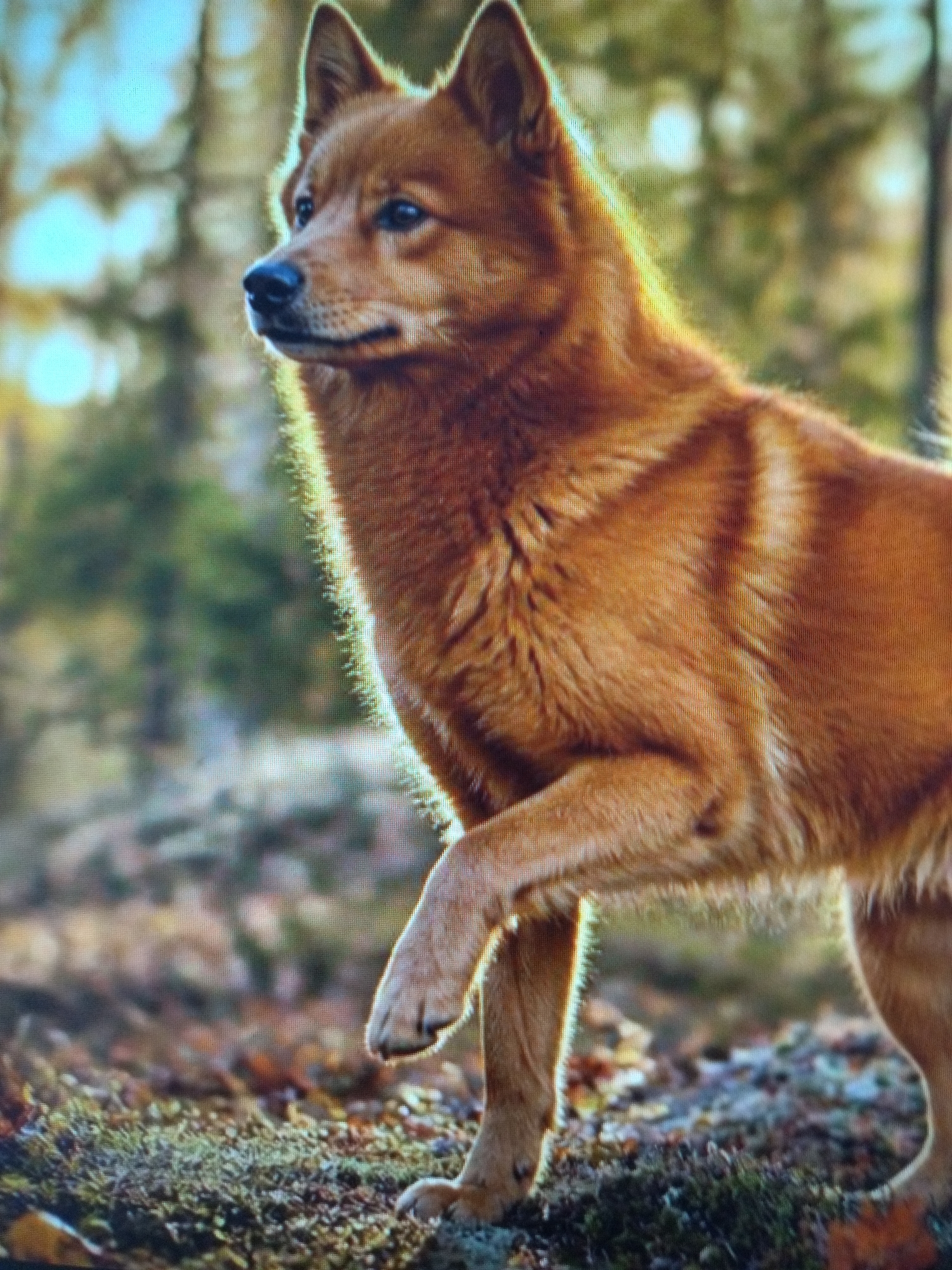 A medium shot shows a Finnish Spitz dog standing in a forest. The dog is facing left, with its head turned slightly towards the viewer. It has a thick, reddish-brown coat and pointed ears. The dog's right front paw is raised slightly off the ground. The background is a blur of green trees and brown leaves, suggesting an autumn setting. The lighting is soft and diffused, with sunlight filtering through the trees. The dog appears alert and curious. There are no people or other animals visible in the image. The ground is covered in a mix of moss, fallen leaves, and twigs. The overall impression is one of a peaceful, natural scene.