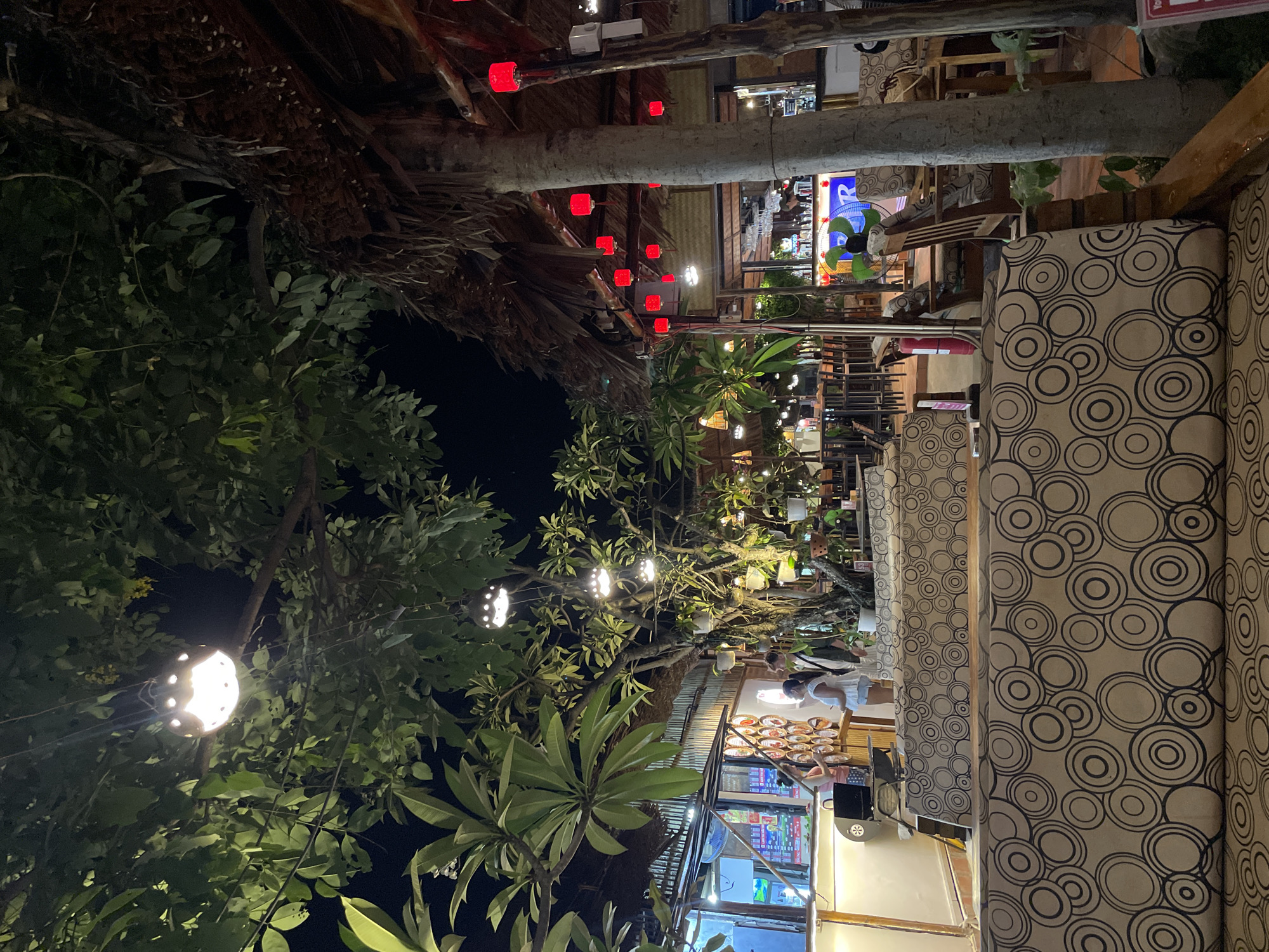 The image depicts an outdoor seating area of a restaurant or bar at night in Phu Thuy Ward, Vietnam. The scene is illuminated by various hanging lights, including spherical lights with intricate patterns, small red lanterns, and possibly string lights further in the background. Lush green trees with large leaves overhang the seating area, with some trees and potted plants interspersed throughout.
In the foreground, there are several couches with upholstery featuring a distinctive pattern of concentric circles in black and beige. Behind these couches, there are wooden tables and chairs, some of which appear to be part of a bar area. A bar counter is visible with a bartender working behind it.
To the left, there is a service counter or display area with a menu board and what appear to be decorative items. A few people are interacting in this area, including a woman in a white top and denim shorts and another person in a pink top. Further back, more seating and tables are visible. The overall atmosphere suggests a relaxed, casual dining or drinking establishment, enhanced by the ambient lighting and natural elements.