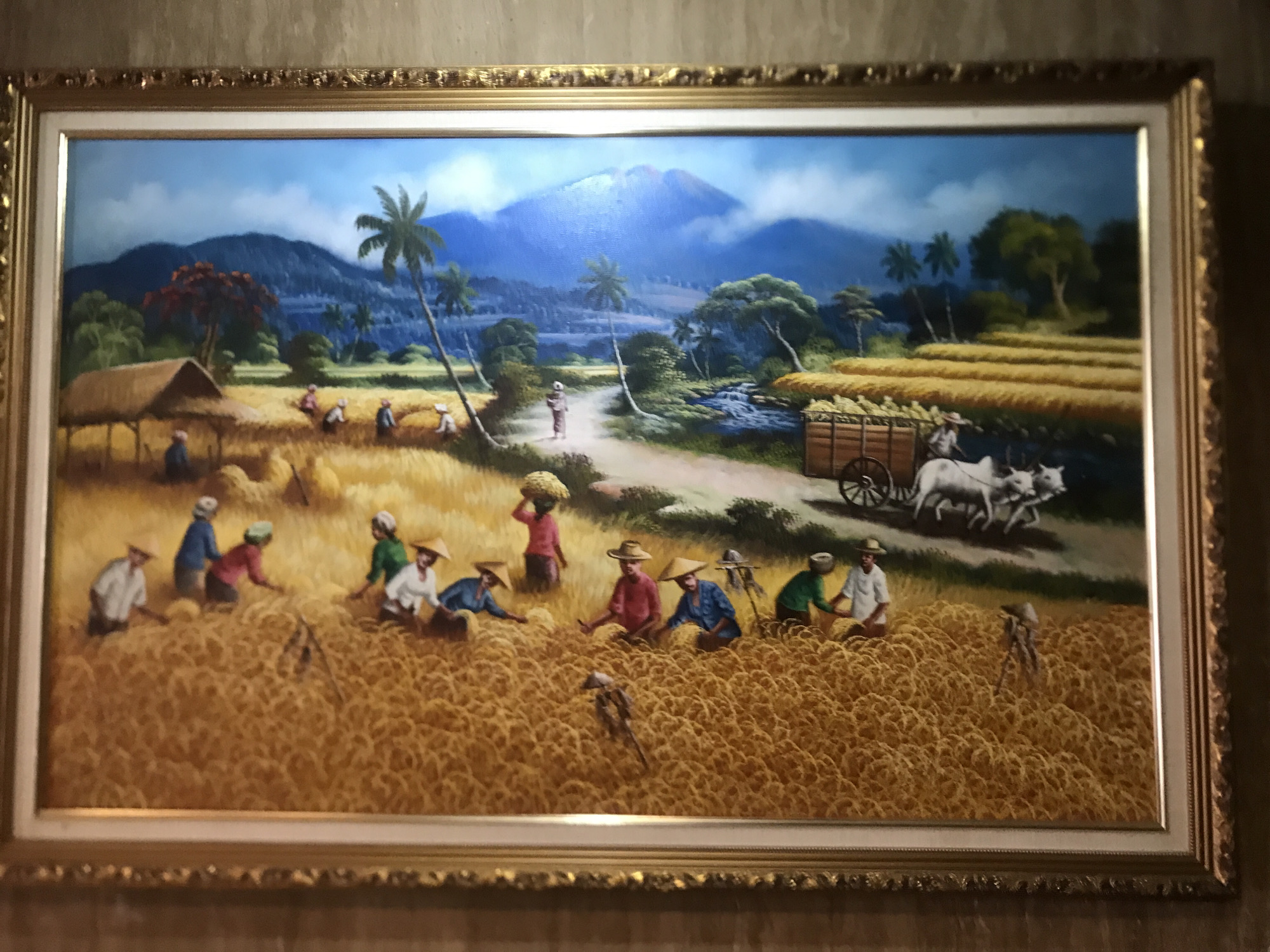 This is a painting depicting a vibrant rural landscape, likely in Southeast Asia, framed in an ornate gold border. The scene portrays a bustling harvest activity in golden fields, possibly rice or wheat paddies.
In the foreground, numerous farmers are actively engaged in harvesting. Many wear traditional conical hats and are depicted bending over, cutting, and gathering the golden crops. Some figures are seated, while others stand, suggesting different stages of the harvest process. One woman is prominently featured carrying a large basket of harvested crops on her head. The field itself is a textured mass of golden stalks, filling much of the lower half of the painting.
The mid-ground features a winding dirt path where a lone figure walks away from the viewer, further into the landscape. To the left, a traditional thatched-roof hut stands amidst the fields. To the right, a wooden cart laden with harvested crops is pulled by two white oxen along the path, moving towards the viewer's right. A flowing river or stream with small waterfalls meanders through the mid-ground, separating parts of the cultivated land. Scattered palm trees and lush green foliage dot the landscape, indicating a tropical climate.
In the background, majestic blue mountains dominate the horizon, with a prominent, possibly volcanic, peak rising centrally. Some clouds softly touch the mountain slopes, suggesting a clear day. The sky above is a bright, clear blue, indicating daytime. The overall impression is one of industrious rural life, highlighting community labor and the bounty of the land.
There is no visible text within the painting itself. The painting's style is realistic with a somewhat idyllic, serene quality, emphasizing the beauty of agricultural life.