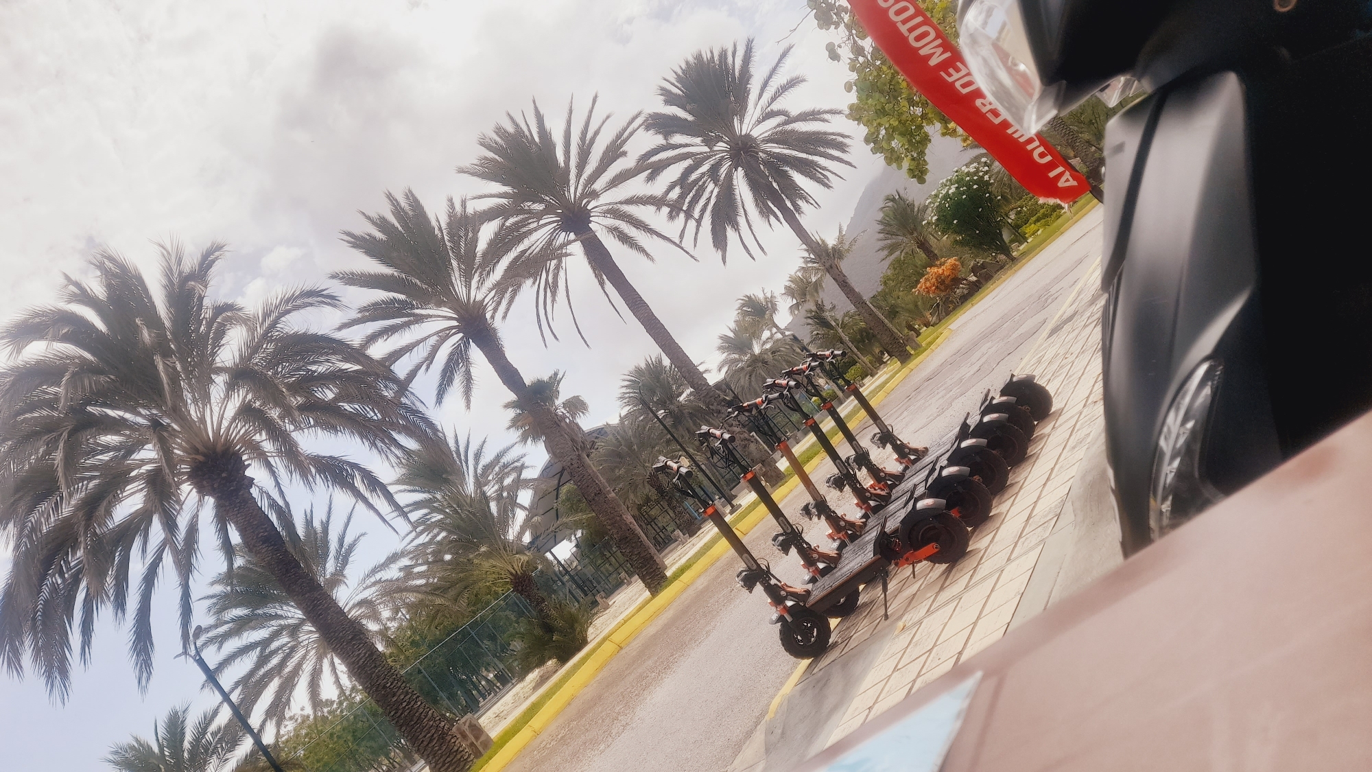 The image shows a row of electric scooters parked on a tiled sidewalk. The scooters are black and orange and appear to be arranged in a charging station. In the background, there are palm trees and a street. A red banner with white text that reads "ALQUILER DE MOTOS" is visible on the right side of the image. The overall scene suggests a rental service for electric scooters, likely in a tropical or subtropical location. The image is taken from a low angle, looking up towards the palm trees and the sky. The sky is overcast, and the lighting is diffused. There are no people visible in the image.