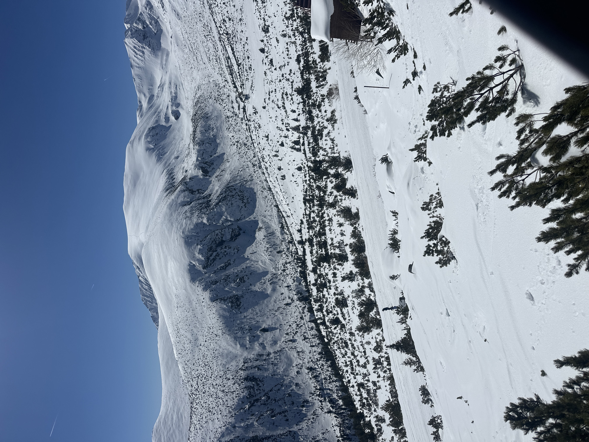 The image shows a snow-covered mountain landscape under a clear blue sky. The left side of the image features a large, rugged mountain with exposed rock and snow-covered slopes. The right side of the image reveals a more gentle, snow-covered terrain with scattered trees and vegetation. A small building is visible amongst the trees.