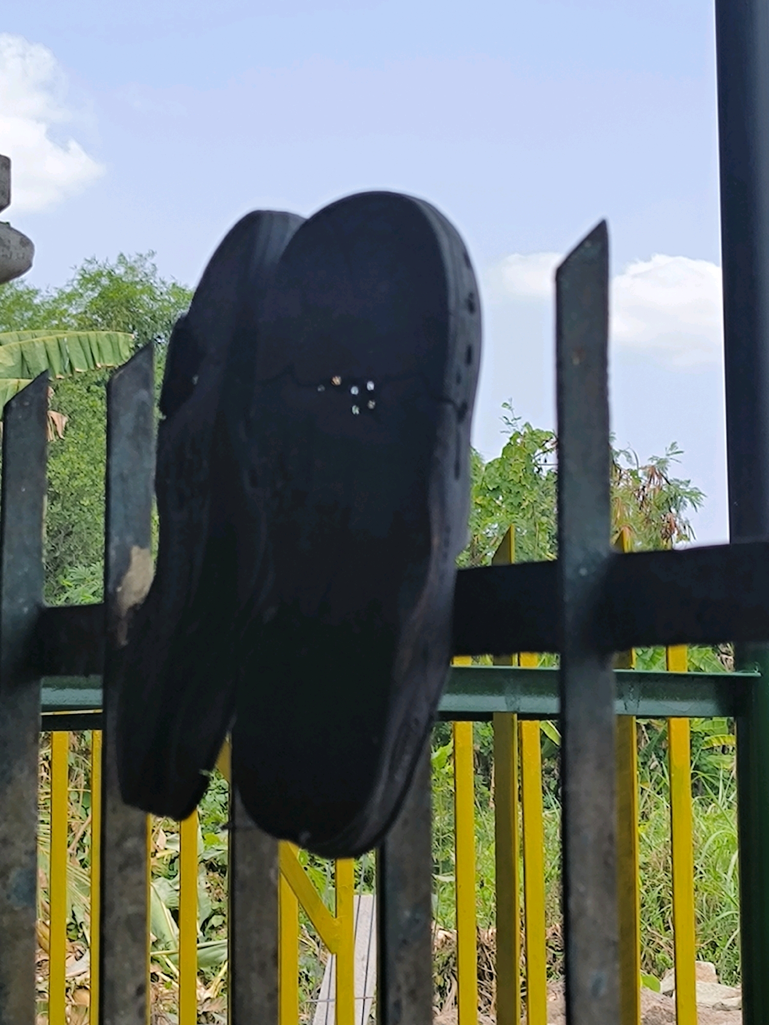 The image shows a close-up of a pair of black flip-flops hanging from a metal fence. The flip-flops are upside down, and the soles are visible, showing some wear and tear. The fence is made of vertical metal bars, some of which are painted yellow. Behind the fence, there is lush green vegetation and a cloudy sky. The overall scene suggests an outdoor environment, possibly in a park or a backyard. There are no people or animals visible in the image. The lighting is natural, suggesting it was taken during the day. The focus is on the flip-flops and the fence, with the background being slightly blurred.
