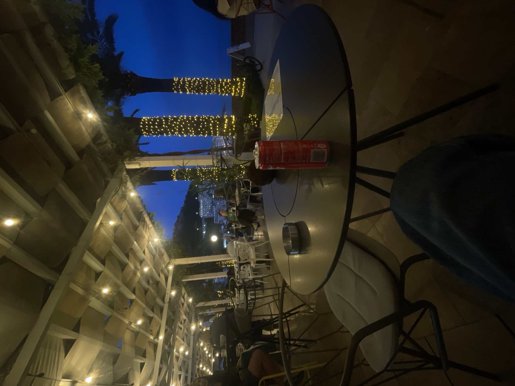 The image depicts a night scene at an outdoor cafe in Rafailovići, Montenegro. A round, dark-colored metal table is the focal point, holding a partially consumed can of Coca-Cola, an ashtray, and a menu. In the background, palm trees wrapped in strings of small lights illuminate the scene. Further in the distance, city lights can be seen. To the left, a textured wall structure decorated with numerous lights creates a cozy atmosphere. A person is seated at the table, and a chair is also visible. The scene seems to be set in a casual dining area.