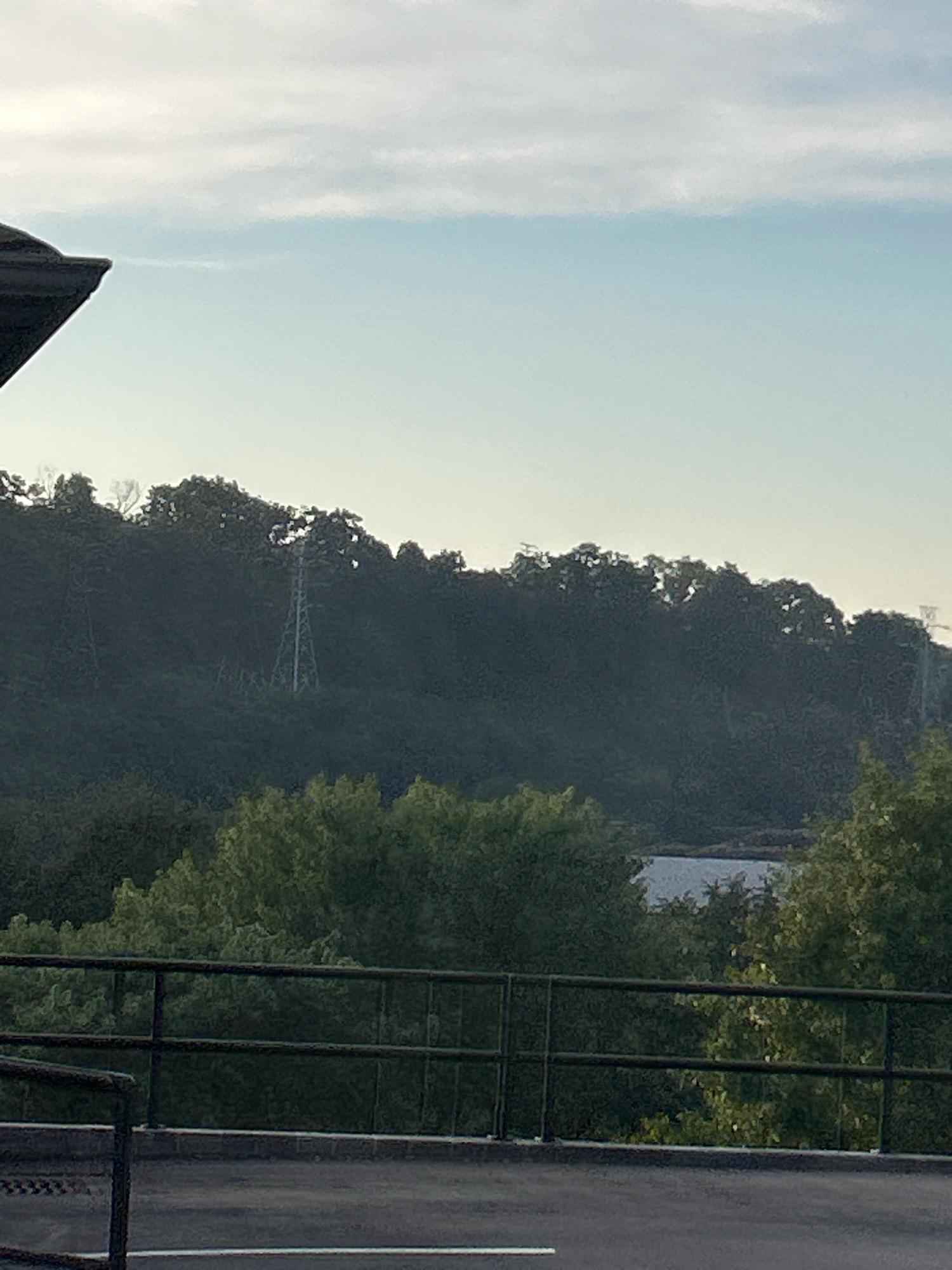 The image shows a view from a higher elevation overlooking a wooded hillside with a body of water in the distance. In the foreground, a dark metal railing is visible, with a paved surface below it. The hillside is covered with dense green trees, and two large, lattice-like electrical towers are visible on the slope. The sky above is a pale blue with thin, wispy clouds. The scene appears to be in a natural or semi-natural setting within Collier Township, Pennsylvania, likely a park or overlook area. There are no people or animals visible in the image.
