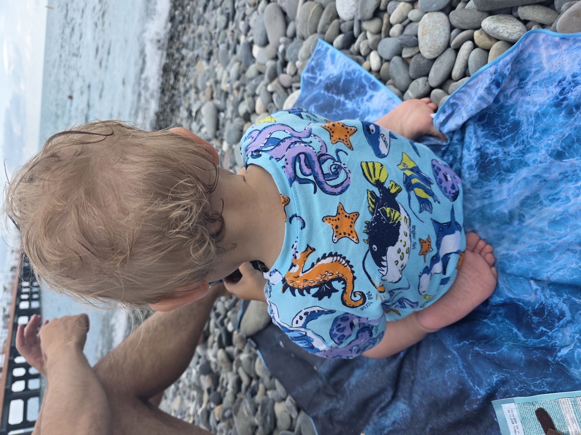 A young child with blonde hair sits on a pebble beach in Sochi, Russia. The child is wearing a light blue t-shirt with a colorful print of marine life, including a seahorse, octopus, starfish, pufferfish, and sharks. The child is seated on a blue towel with a wave pattern, draped over the pebbles. In the background, the sea is visible with gentle waves, and a pier extends into the water. The legs and hands of an adult are visible in the upper left corner of the image, suggesting they are sitting with the child. The overall scene depicts a relaxed moment at the beach.