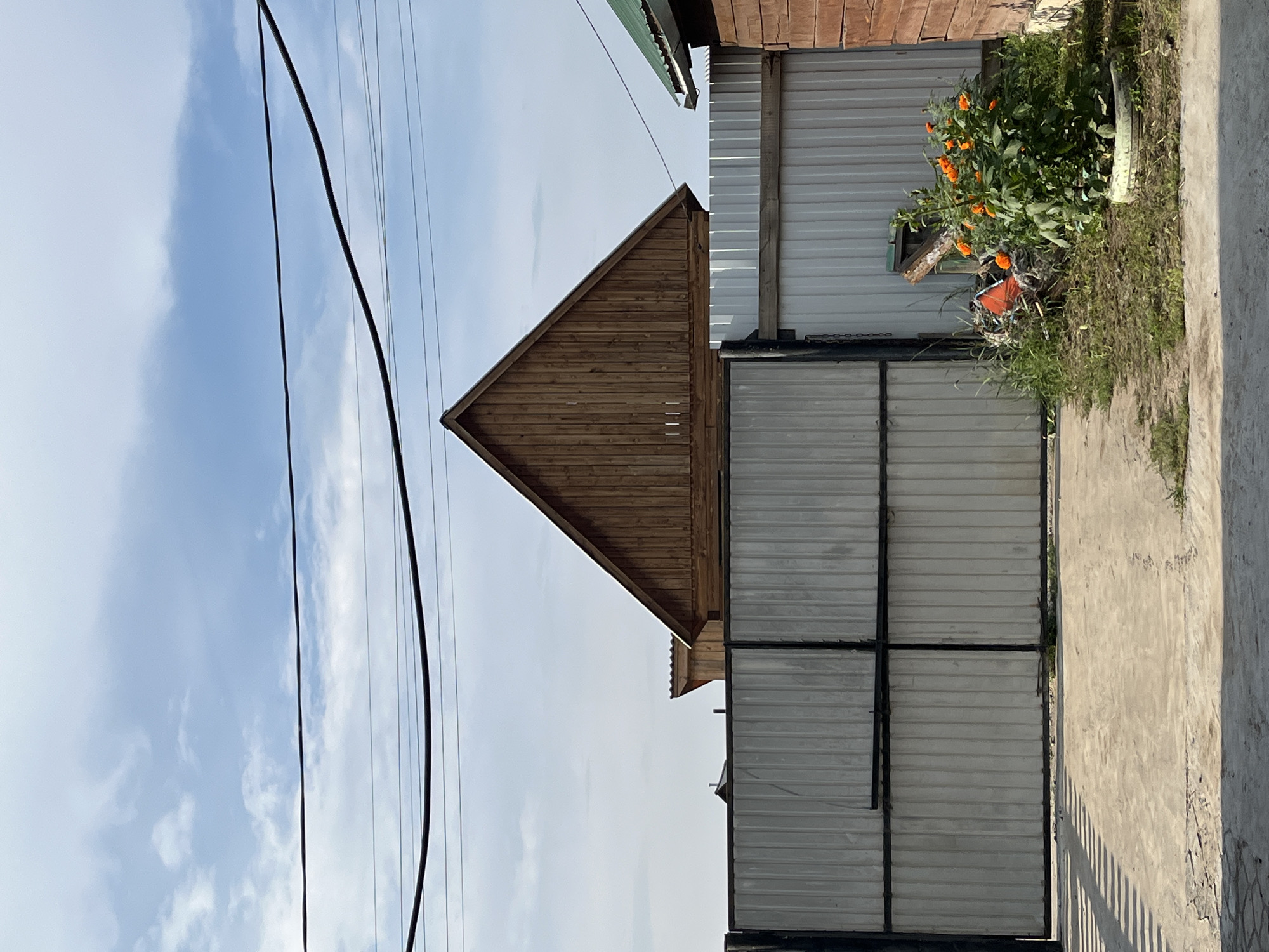 The image depicts an outdoor scene in a rural or suburban setting under a partly cloudy sky. In the foreground, a concrete driveway or yard leads towards a large, corrugated metal gate. The gate is gray and appears to be made of two sections. To the right of the gate, a patch of grass and weeds is visible, with a small pile of debris including orange fabric and wood. A bush with vibrant orange flowers is planted in a repurposed tire to the right of the debris. Behind the gate, another corrugated metal fence extends to the right, and a portion of a wooden structure with a dark brown, angled roof is visible. Further back, a larger wooden building with a triangular gable is prominent, constructed from vertical wooden planks. The sky above is blue with scattered white clouds, and several dark power lines are strung horizontally across the upper portion of the image. The scene is static, with no people or animals present.