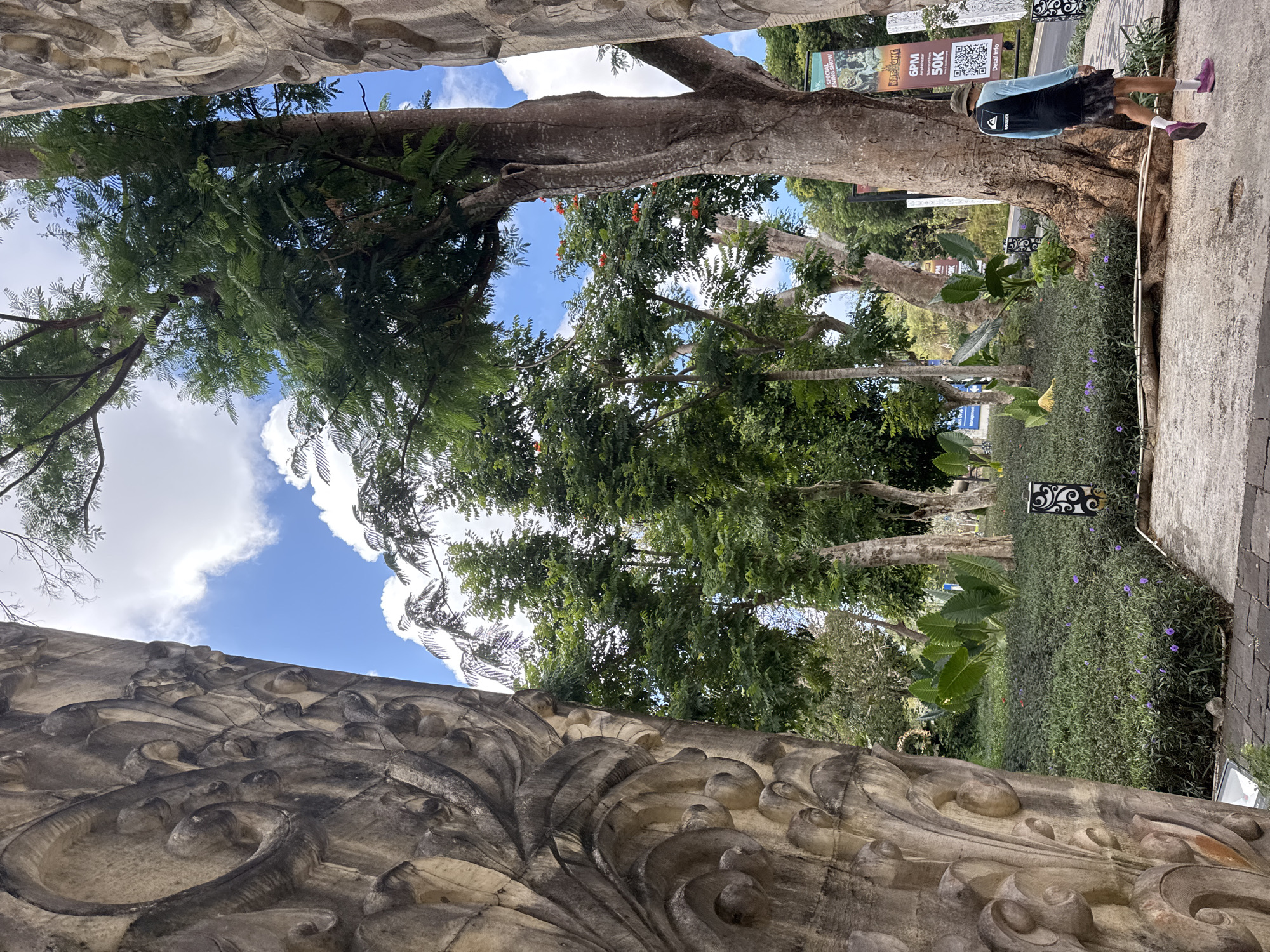 The image depicts an outdoor scene in Kuta Selatan, Indonesia, featuring a pathway with lush greenery and trees. In the foreground, two large, intricately carved stone pillars frame the view, with the left pillar showing detailed floral and swirling motifs. A paved pathway runs through the scene, leading the eye towards a clearing with a variety of plants and trees. On the right side of the pathway, a person wearing a hat, a long-sleeved shirt, and shorts is walking away from the camera. The person is carrying a backpack and is wearing pink athletic shoes. Several trees with dense green foliage, some with vibrant orange flowers, are visible, interspersed with patches of sunlight and shadow. In the background, a blue sky with scattered clouds provides a backdrop. A banner with text and images, including a QR code, is attached to a tree on the right side of the scene.