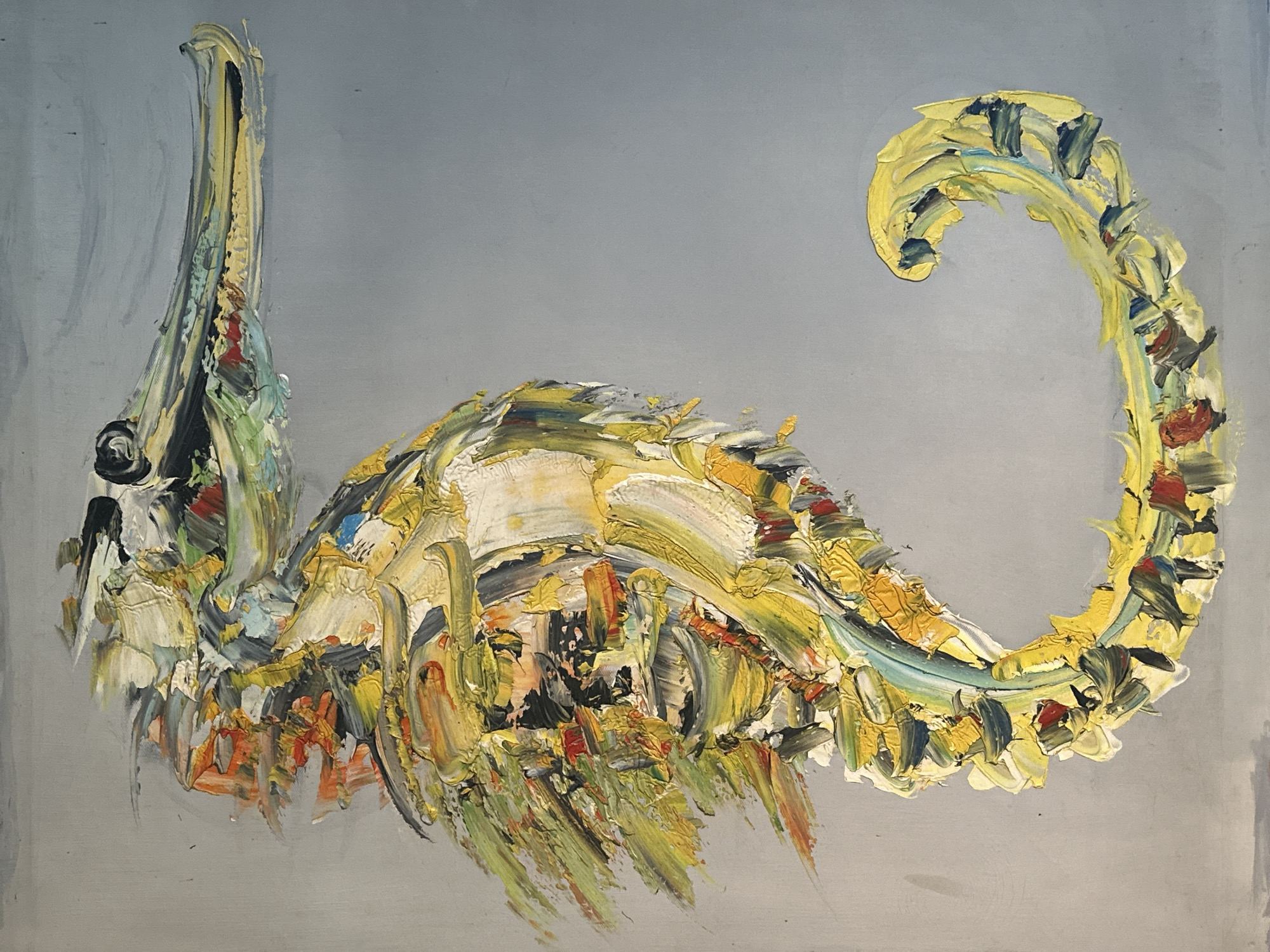 The image depicts a painting of what appears to be a stylized shrimp or crustacean-like creature. The painting is done in an impasto style, with thick, textured brushstrokes of yellow, white, green, black, and touches of orange and red on a gray background. The creature has a long, curved tail that curls towards the right, and a long, thin appendage extending upwards on the left. The creature’s body is thick and bulky with short strokes and many layers of paint. The single eye is small and round.
There is no indication of the location being in Andreyevka, Russia.