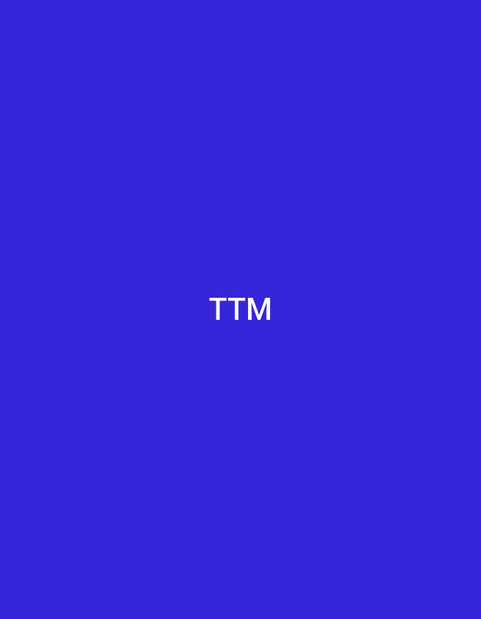 The image displays a solid royal blue background. Centered on this background are the uppercase white sans-serif letters "TTM". No people, additional subjects, objects, or actions are depicted. The scene is a minimalist graphic element associated with the city of Casablanca, Morocco.