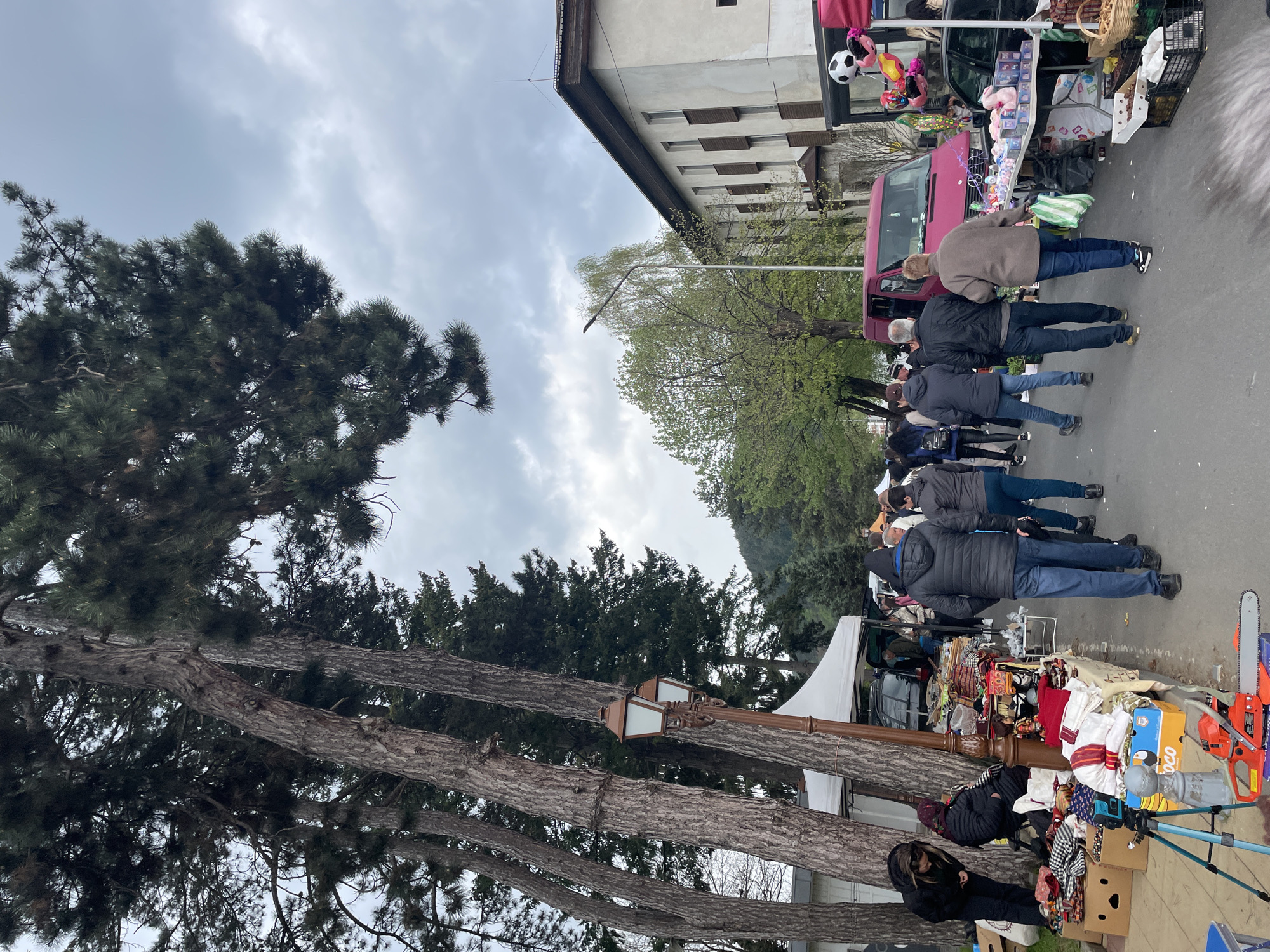 The image depicts a street market scene in Zlatograd, Bulgaria. A row of people, primarily facing right, are browsing vendor stalls lining the street. These stalls display various items, including clothing, crafts, and household goods. A pink van is parked alongside a stall with toys and balloons. Trees line the left side of the street, some with lampposts attached to them. A building is visible on the right side of the street behind the van. The sky is overcast.