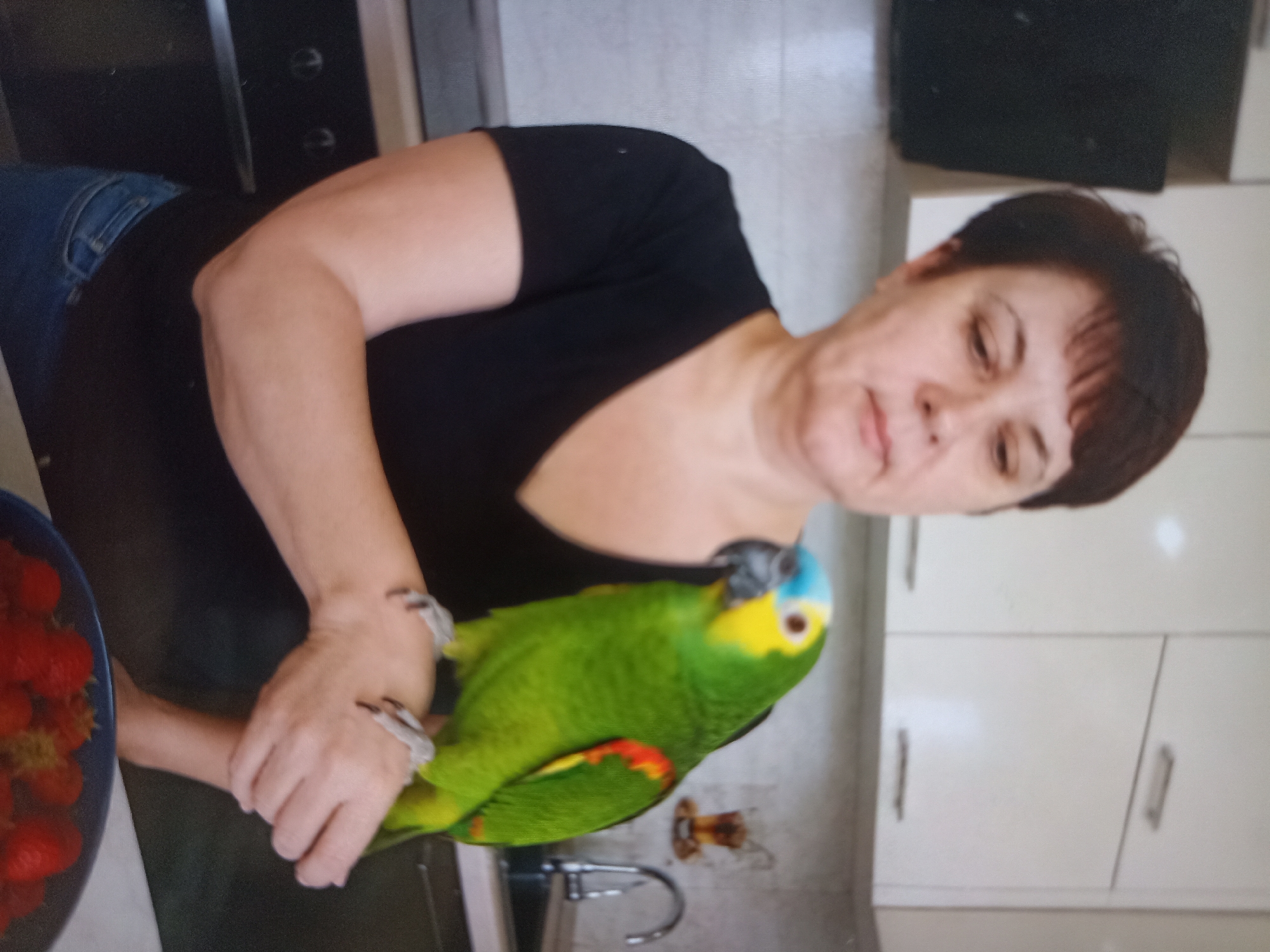 A woman is holding a green parrot with a yellow and blue head. The woman is wearing a black t-shirt and blue jeans. She is standing in a kitchen. There is a bowl of strawberries on the left side of the image. The kitchen has white cabinets and stainless steel appliances. The parrot is perched on the woman's arm and is looking at the camera. The woman is looking down at the parrot. The image is taken from a slightly high angle. The overall lighting is natural, coming from a window or overhead light.