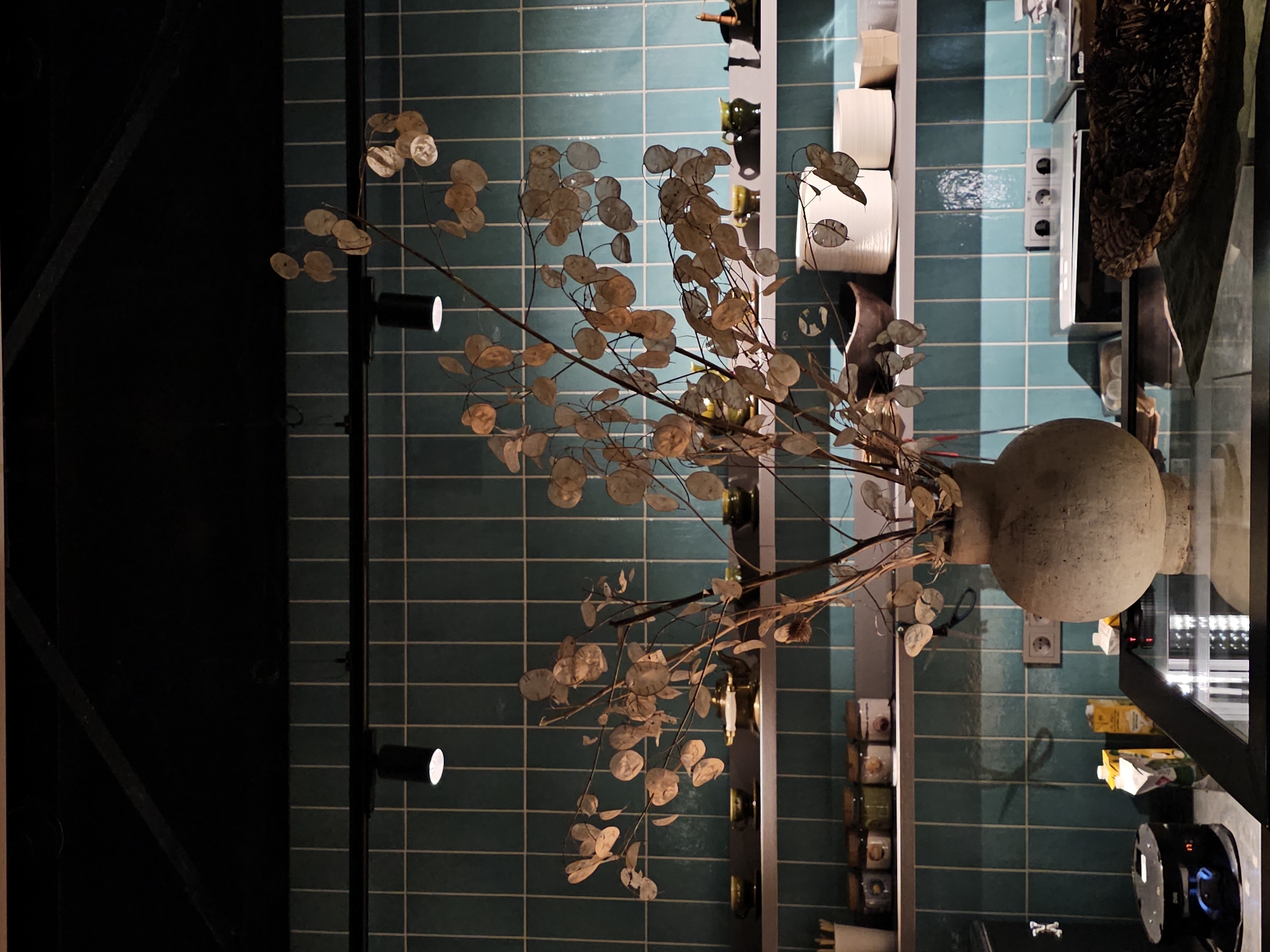 A still life composition is presented against a teal tiled wall. In the foreground, a large, textured, light-brown ceramic vase holds a dried plant with numerous circular, papery seed pods. The vase is placed on a reflective black surface. Behind the vase, the teal tiles form a grid pattern, with two horizontal shelves mounted on the wall.
The upper shelf displays several items including small green teacups and saucers, a brass teapot, and some other indistinct objects. The lower shelf holds an assortment of jars with cork or screw-top lids. To the right of the shelves, on the lower shelf, are two white cylindrical containers and some light brown paper bags.
Above the shelves, two black spotlights are visible, attached to a dark metal bar. The ceiling is black and angled.
On the counter below the main arrangement, a black electric appliance with buttons and a digital display is visible on the left. Next to it are two cartons of juice or milk, one yellow and one with a patterned design. Further to the right, another white carton is present. Partially visible on the far right is a woven basket filled with dark material.
The overall environment appears to be an indoor setting, possibly a kitchen or a retail display space, with a focus on decorative elements and kitchenware. The lighting is somewhat dim, with spotlights creating highlights and shadows. The location is identified as Nemchinovo, Russia. No people are present in the image.