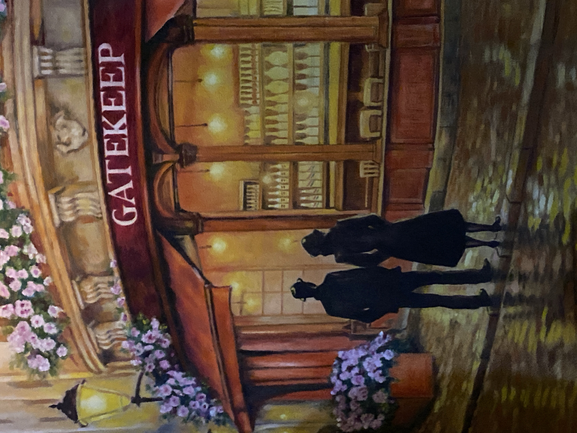 A painting depicts a couple standing on a cobblestone street in front of a building with the sign "GATEKEEP" on its awning. The building's interior, visible through a large window, is filled with shelves displaying numerous bottles, potentially wine or liquor. A street lamp illuminates flowers growing in planters near the entrance. The painting is likely not located in Davao City, Philippines, as the architectural style and details (e.g., cobblestone street, building design) are not typical of the city.