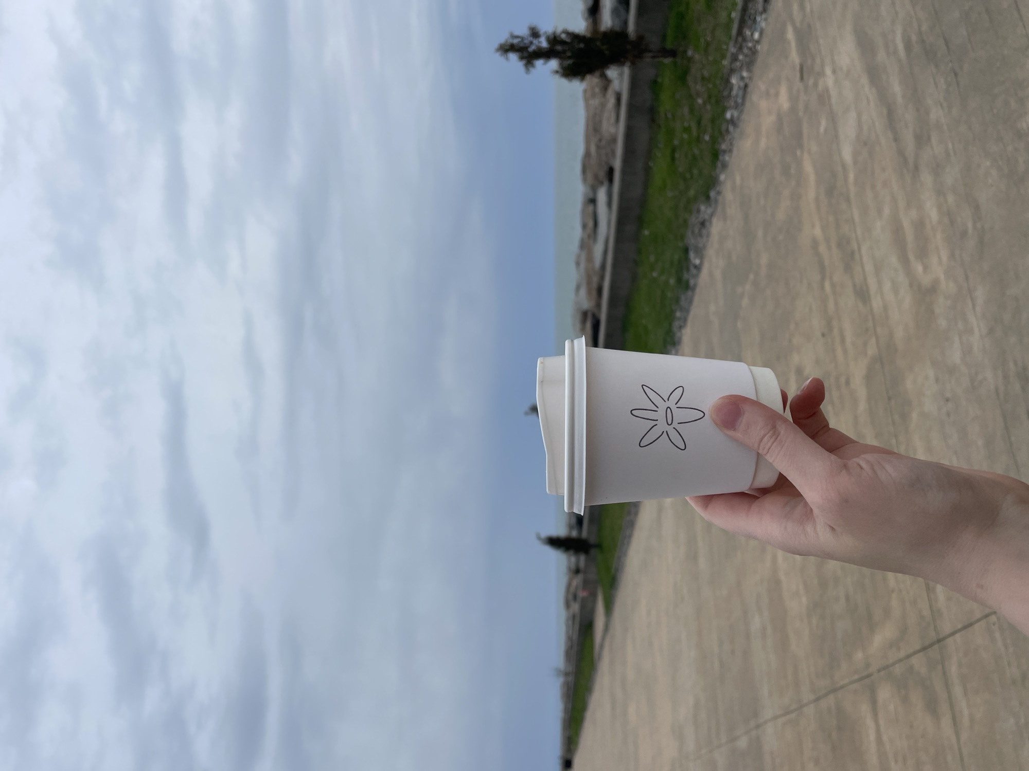 A white paper cup with a black flower design is held in a pale hand. The background features a cloudy sky, a body of water, a stone wall, and green vegetation. A concrete walkway is partially visible. The scene is consistent with a location along the Batumi Boulevard in Batumi, Georgia.
