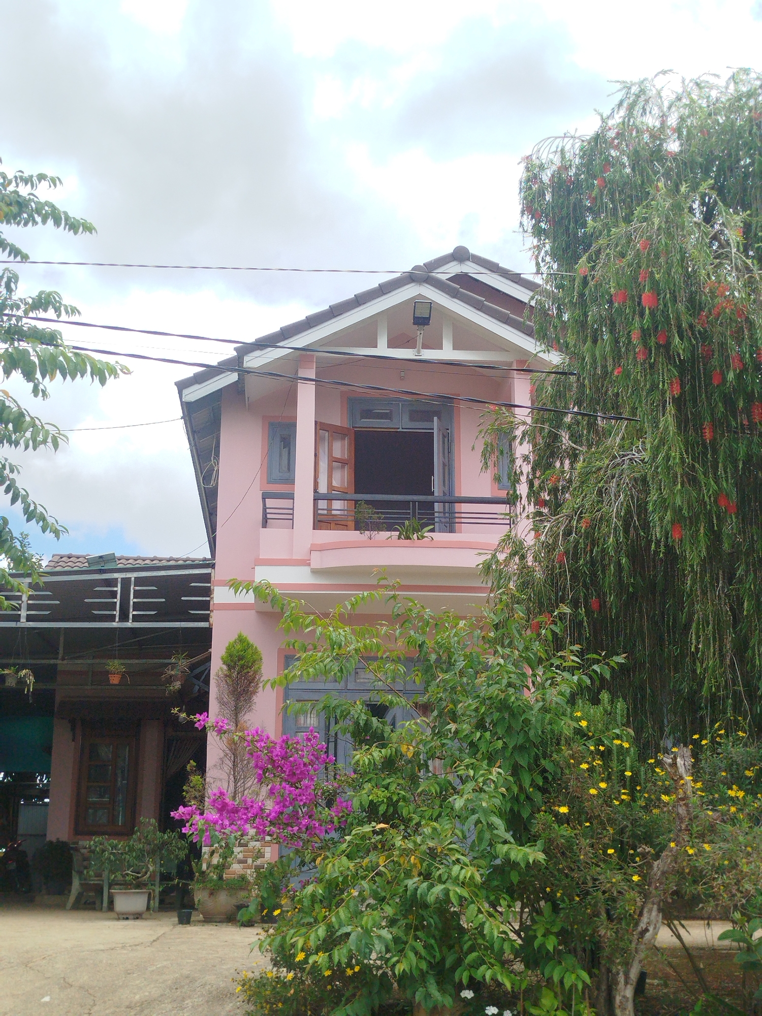 The image depicts the exterior of a pink, two-story house in Thôn 6, Vietnam. The house has a tiled roof and several windows, some of which are open. A balcony is visible on the second floor. In front of the house, there is lush vegetation, including a large tree with red flowers, a flowering shrub with pink blossoms, and smaller yellow flowers. To the left of the house, there is a covered area with a dark-colored roof supported by columns, and a wooden window is visible in the wall beneath it. The ground in front of the house appears to be a paved courtyard. Overhead power lines cross the sky, which is overcast. No people are visible in the image.