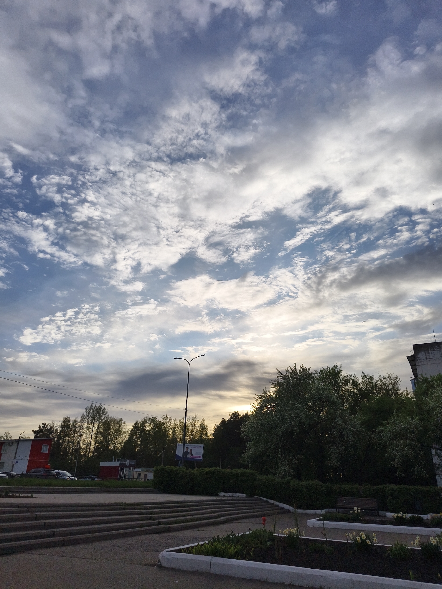 The image depicts a street scene in the city of Unknown, Unknown, under a cloudy sky. The upper portion of the frame is dominated by the sky, which is filled with layers of clouds, some thin and wispy, others thicker and darker. The cloud cover diffuses the sunlight, creating a soft, muted light across the scene.
Below the sky, there are trees with green foliage. A lamppost stands near the trees. To the left, there is a view of buildings with a red car parked in front of one of them. In the lower portion of the image, a series of steps lead up to a paved area with flowerbeds. A bench is located behind the flowerbeds, near a bush.
