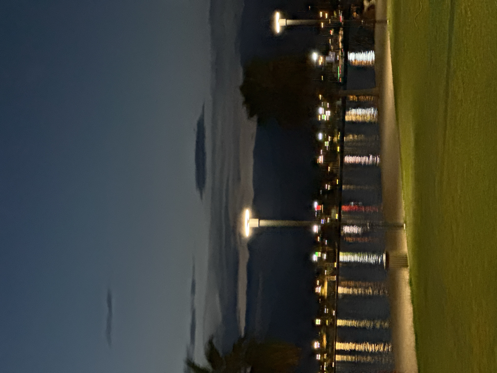 The image depicts a nighttime scene in Fethiye, Turkey. The left portion of the frame reveals a dark blue sky with some faint cloud formations. Adjacent to the sky, there is a darker band which seems to separate the sky and the water.
A string of lights lines the water's edge, reflecting in the water. The lights appear to be streetlights or building lights. A park or green space is visible on the right side of the frame.