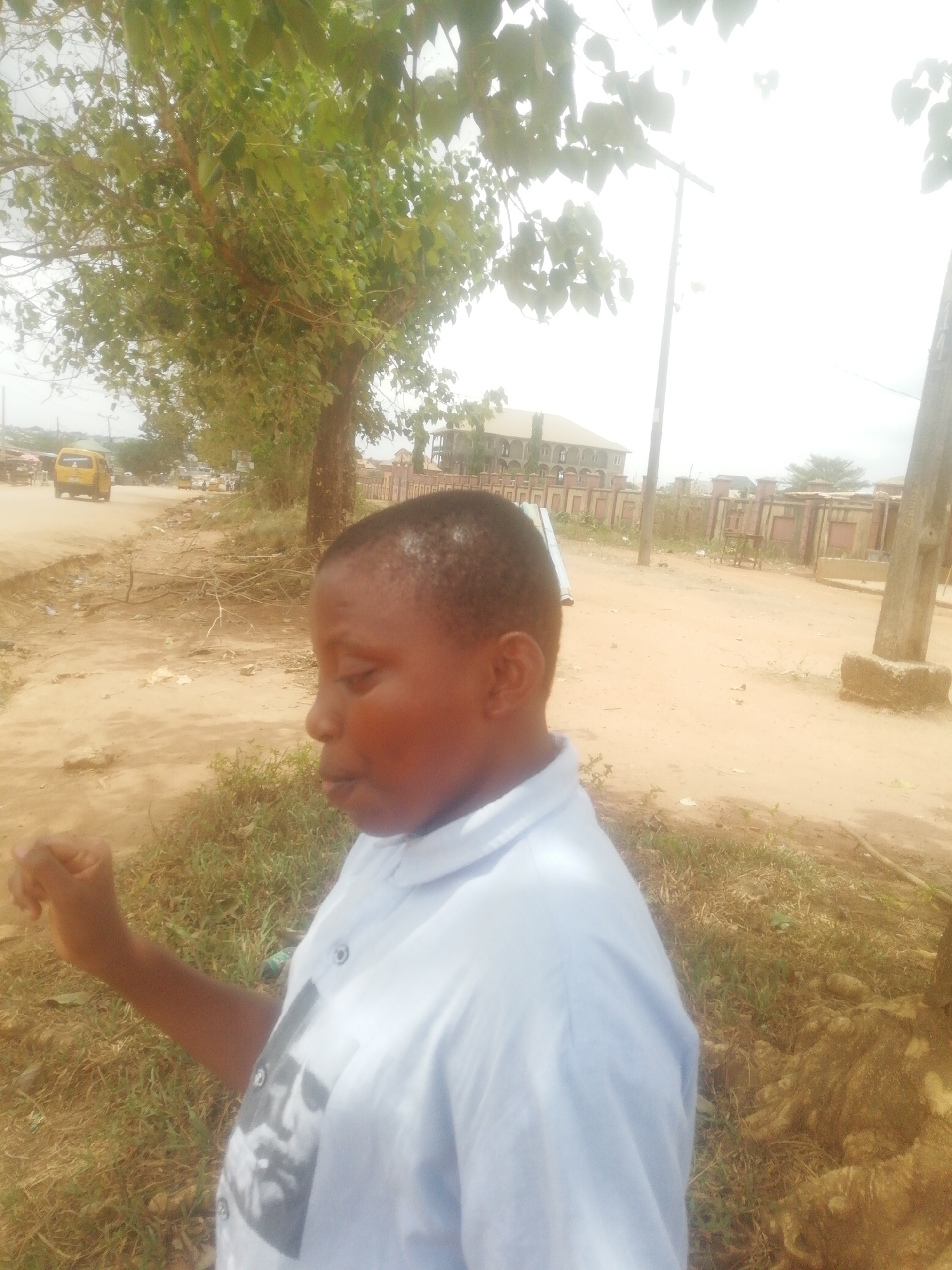 The image shows a person in Ikorodu, Nigeria, standing near a tree on a dirt road. The person is wearing a light blue shirt and is facing left. In the background, there is a yellow commercial vehicle and a building behind a fence. The environment appears dusty and dry, with sparse vegetation. A utility pole is visible in the distance.