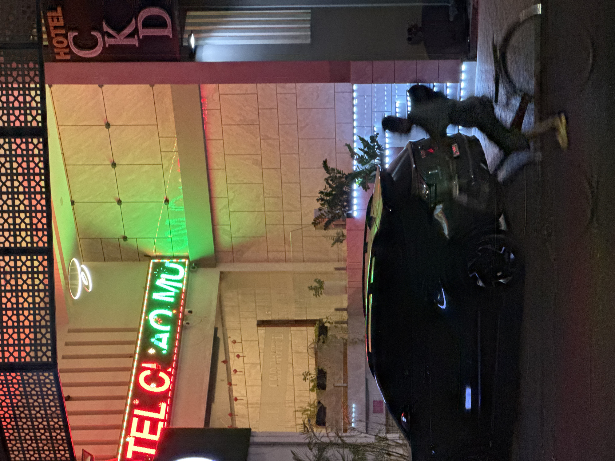 The image depicts a street scene at night in Nha Trang, Vietnam. A black car is parked on the right side of the frame, its shiny surface reflecting the neon lights. In the background, a building displays signage. Above the car, a person is captured mid-motion, appearing to be running or falling, with their limbs extended and their body blurred due to movement. They are wearing dark clothing and what appears to be a vest with some visible patches. To the left, a vertical neon sign glows in red and green, displaying text that reads "HOTEL CJAO MU". The hotel itself is illuminated by green lights on its facade. Another sign above it, in pink, spells out "HOTEL CKD". The overall impression is one of urban nighttime activity, possibly involving a dramatic event given the person's posture and the motion blur. The lighting is artificial and varied, with blues, greens, and reds creating a vibrant but slightly disorienting atmosphere.