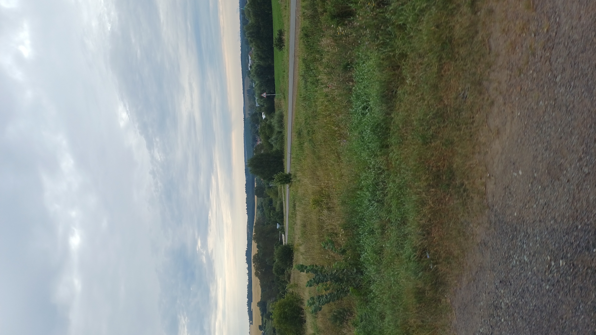 The image depicts a rural landscape under a cloudy sky. In the foreground, a gravel road runs along the bottom edge of the frame. To the right of the road, a field of tall, dry grass and some green vegetation stretches into the midground. Beyond this field, a paved road curves through the scene, with a triangular warning sign visible on its right side. Trees and dense foliage line the sides of the road and extend into the background. Further in the distance, rolling hills covered in fields and more trees are visible. The sky is overcast with layers of grey and white clouds. The scene appears to be located in a rural area, likely on the outskirts of the village of Buranovo, Russia, given the presence of agricultural fields, trees, and a country road. No people or animals are present in the image.
