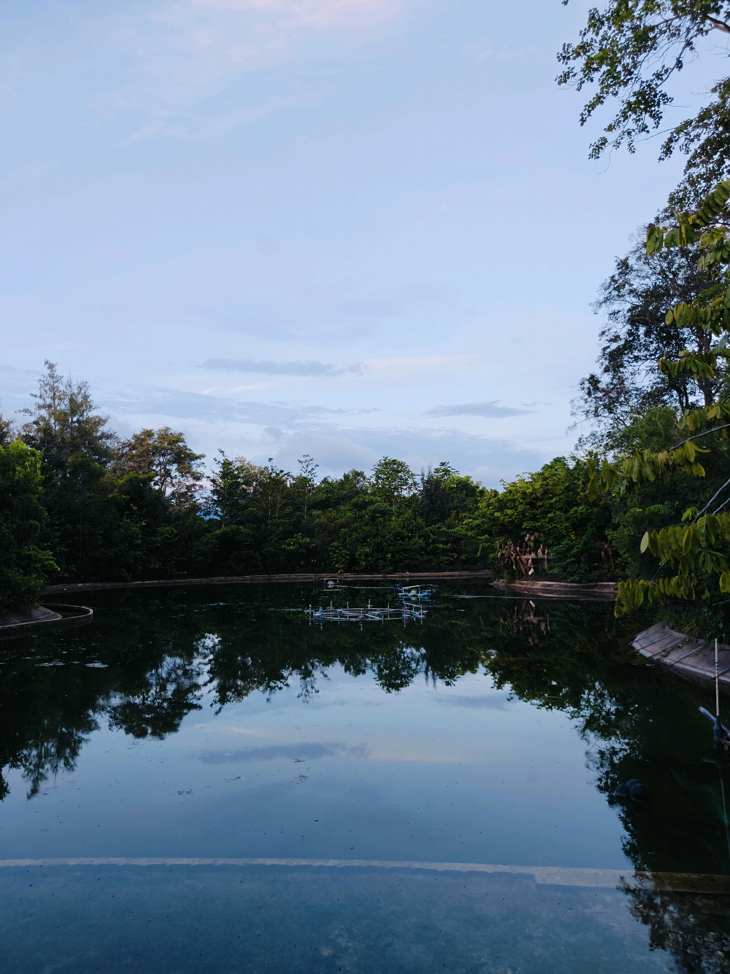 This is a photograph of a pond located in the city of Mu Si, Thailand. The pond is surrounded by lush green trees and foliage. The sky above is a pale blue with scattered clouds. The water in the pond is dark and reflects the trees and the sky, creating a mirrored effect. There are some man-made structures visible in the water, including what appears to be a floating platform or fountain. The overall scene suggests a tranquil and natural setting.