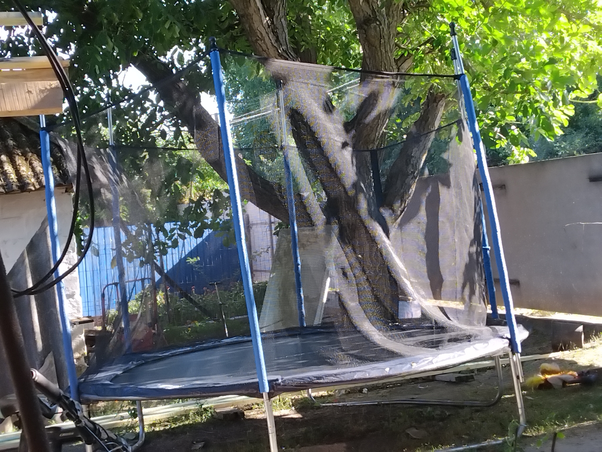 A trampoline with a safety net is set up outdoors, under a large tree with green leaves. The trampoline has a blue frame and a black mat. In the background, there is a house with a tiled roof, a blue fence, and some plants. The ground is covered with grass and dirt. The scene appears to be in a residential area in Pervozvanivka, Ukraine.