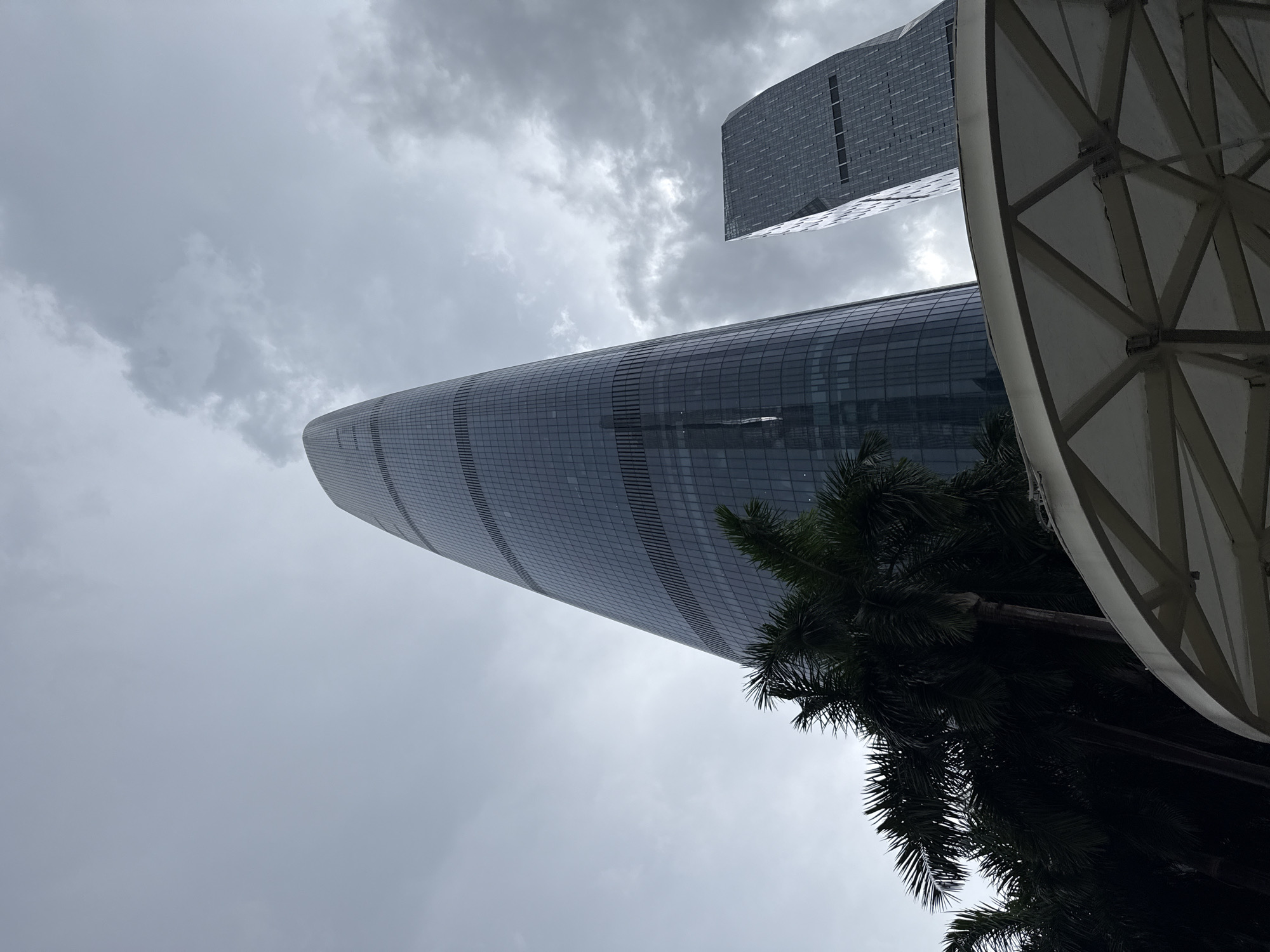 An outdoor, low-angle, full shot captures the overcast sky over the Tianhe District in China, dominated by two modern skyscrapers and lush palm trees. The primary skyscraper, a towering glass structure with a distinctive curved, tapering form, occupies the left side of the frame. Its facade is composed of dark, reflective glass panels interspersed with horizontal bands of darker accents. To its right, a second, more rectangular skyscraper rises, also clad in reflective glass. In the foreground, a cluster of dark green palm trees with feathery fronds obscures the lower portions of the buildings. Partially visible at the bottom edge is a white, skeletal dome structure, likely a canopy or pavilion, with a geometric framework of beams. The overall atmosphere is somber due to the heavy cloud cover. No people or discernible activity are present in the image.