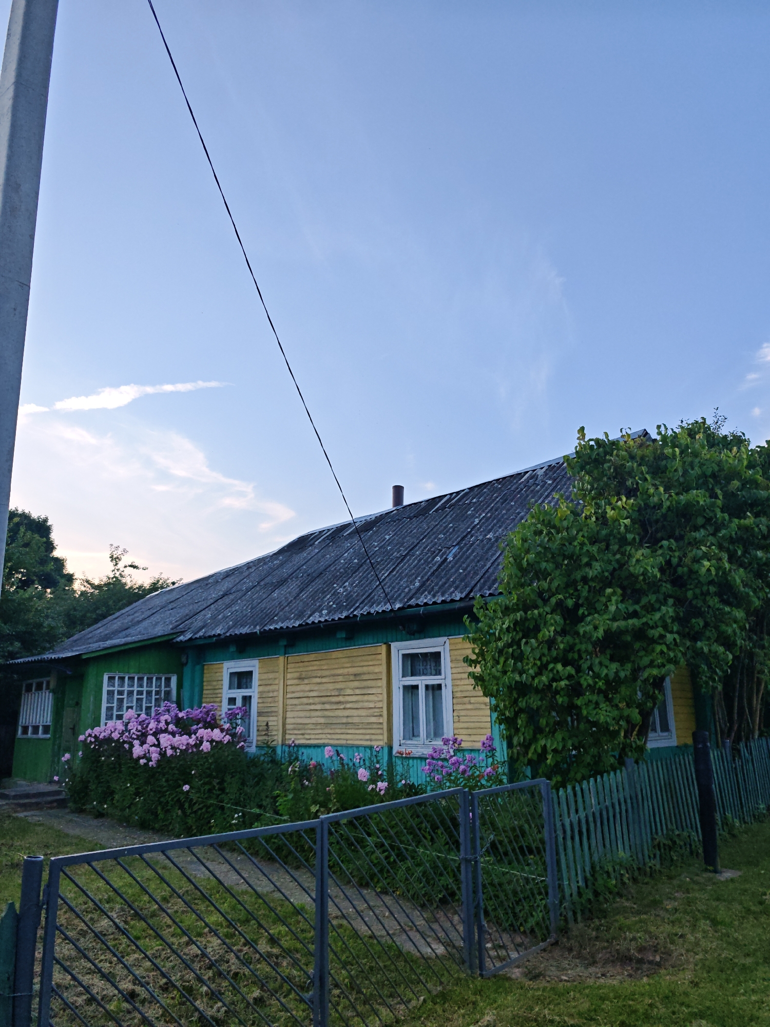 The image depicts a modest, weathered wooden house situated in the Валожынскі сельскі Савет region of Belarus. The house has a green and yellow facade, with a dark, corrugated roof. Several windows are visible, some with white frames and others with yellow shutters. A dense cluster of pink flowers is growing in front of the house, bordering a green wooden picket fence. A metal gate is partially open in the foreground, revealing a grassy yard. A tall, grey concrete pole stands to the left of the frame, with a dark wire extending diagonally across the blue sky. Lush green trees are present on the right side of the house, and a dark chimney is visible on the roof. The sky is partly cloudy, with wisps of white clouds against a pale blue backdrop. The overall scene conveys a rural, somewhat rustic atmosphere.
