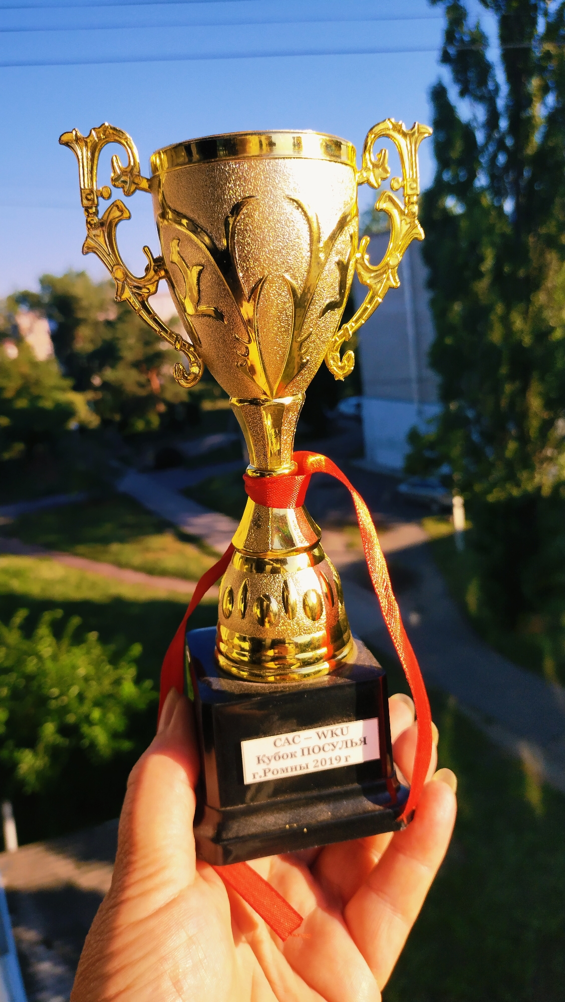 A hand holds a golden trophy with a red ribbon attached to its stem. The trophy has decorative handles and a textured cup. The base of the trophy is black with a white label that reads "CAC-WKU Кубок ПОСУЛЬЯ г.Ромны 2019г." The background is a blurred scene of greenery, trees, and buildings under a clear blue sky, suggesting an outdoor setting. The lighting indicates it is daytime, possibly late afternoon due to the warm tones.